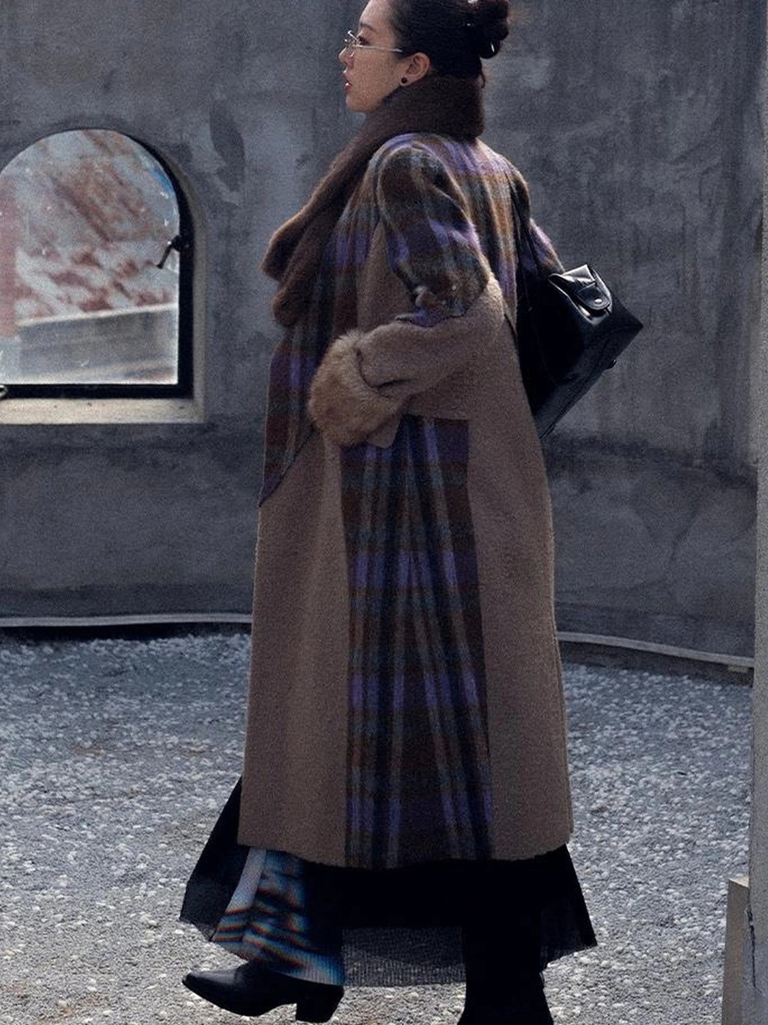 OfAkiva Akiva Color Block Houndstooth Long Coat