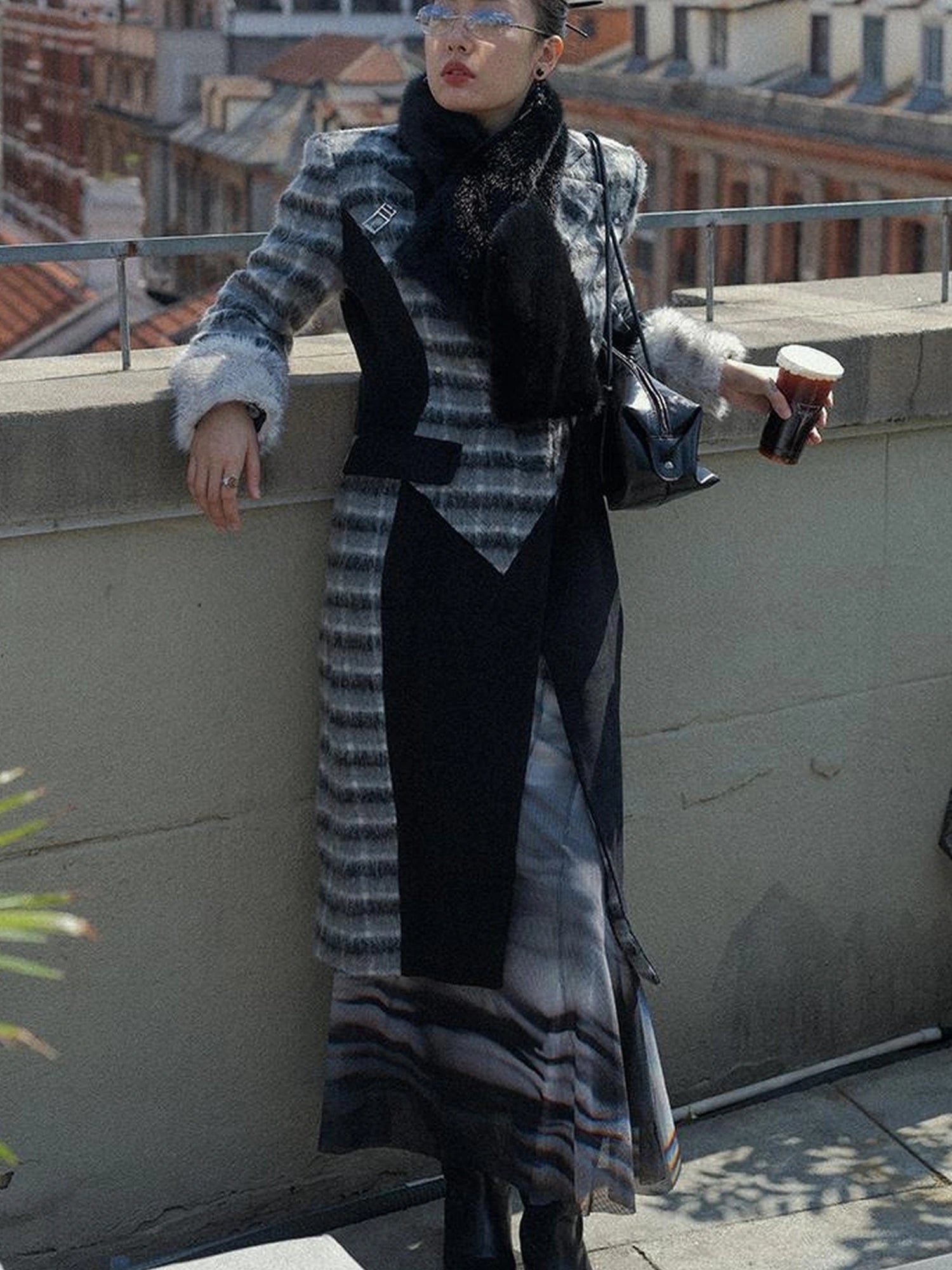 OfAkiva Akiva Color Block Houndstooth Long Coat