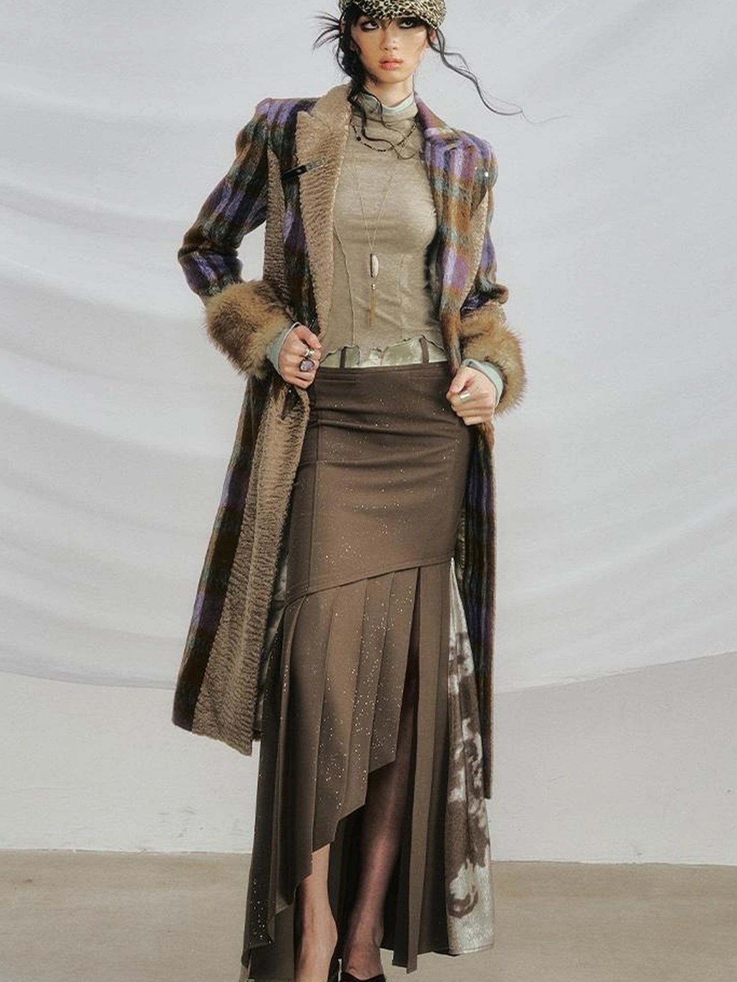 OfAkiva Akiva Color Block Houndstooth Long Coat