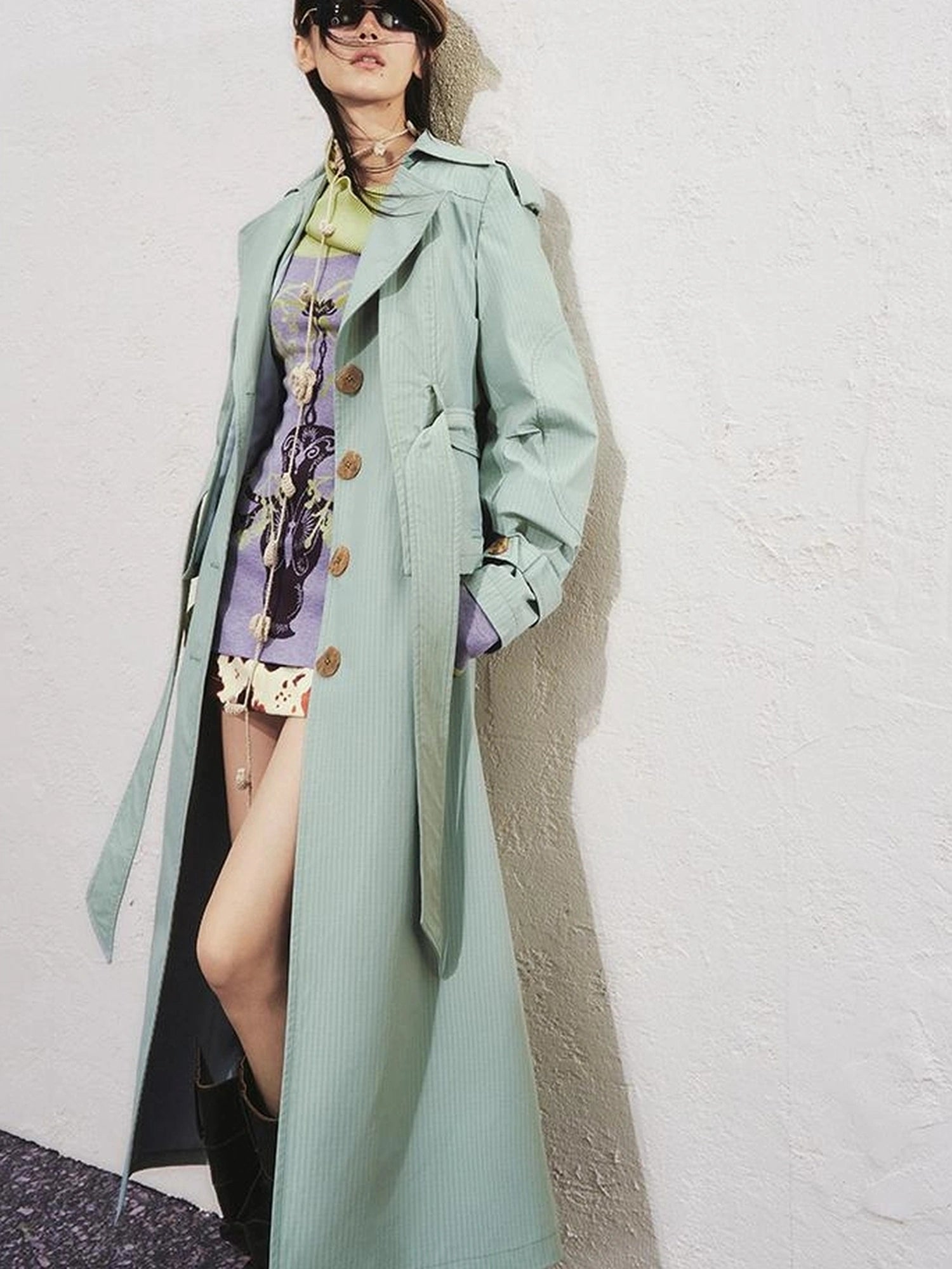 OfAkiva Akiva George Square Tri Color Long Trench Coat