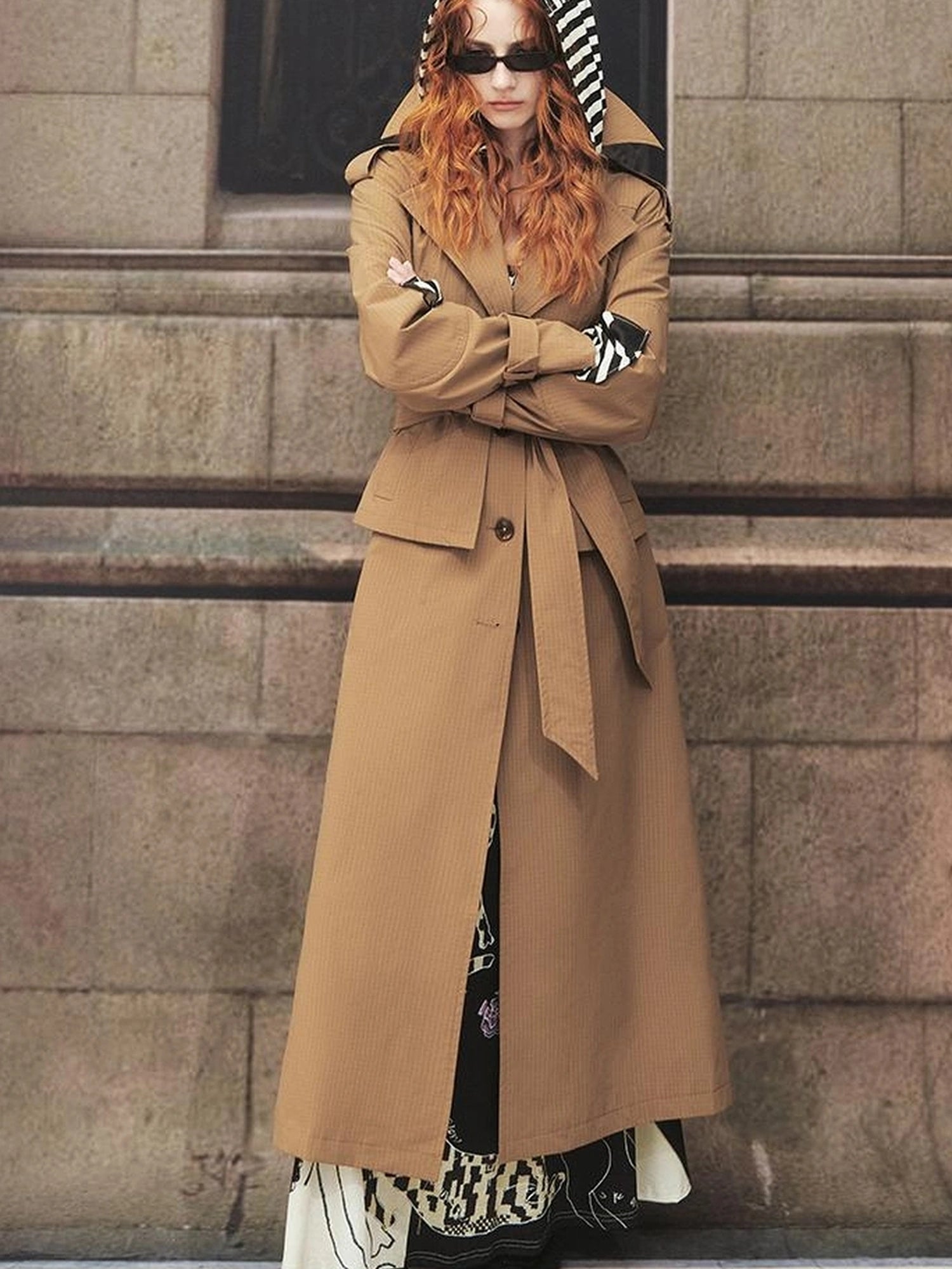 OfAkiva Akiva George Square Tri Color Long Trench Coat