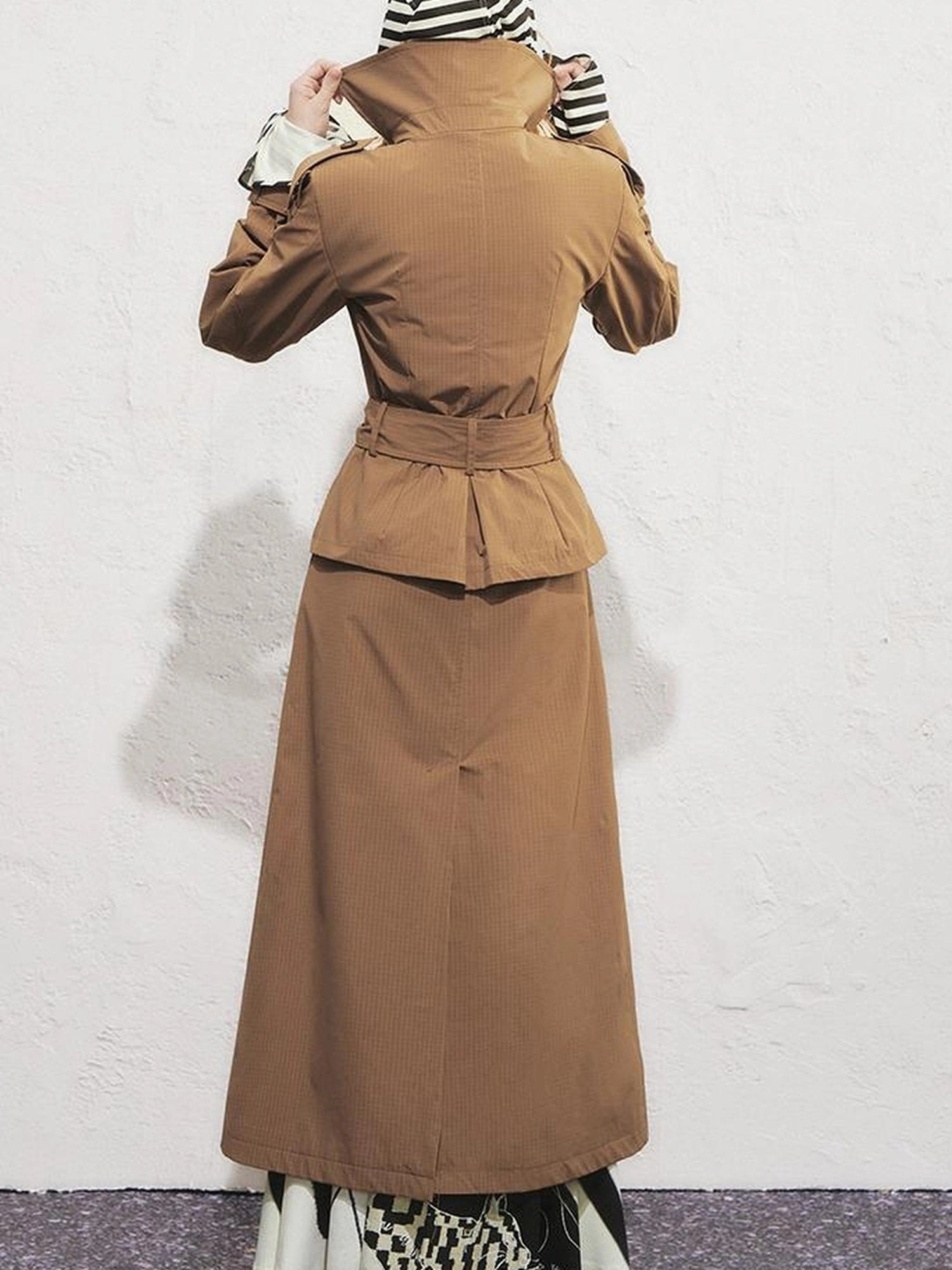 OfAkiva Akiva George Square Tri Color Long Trench Coat