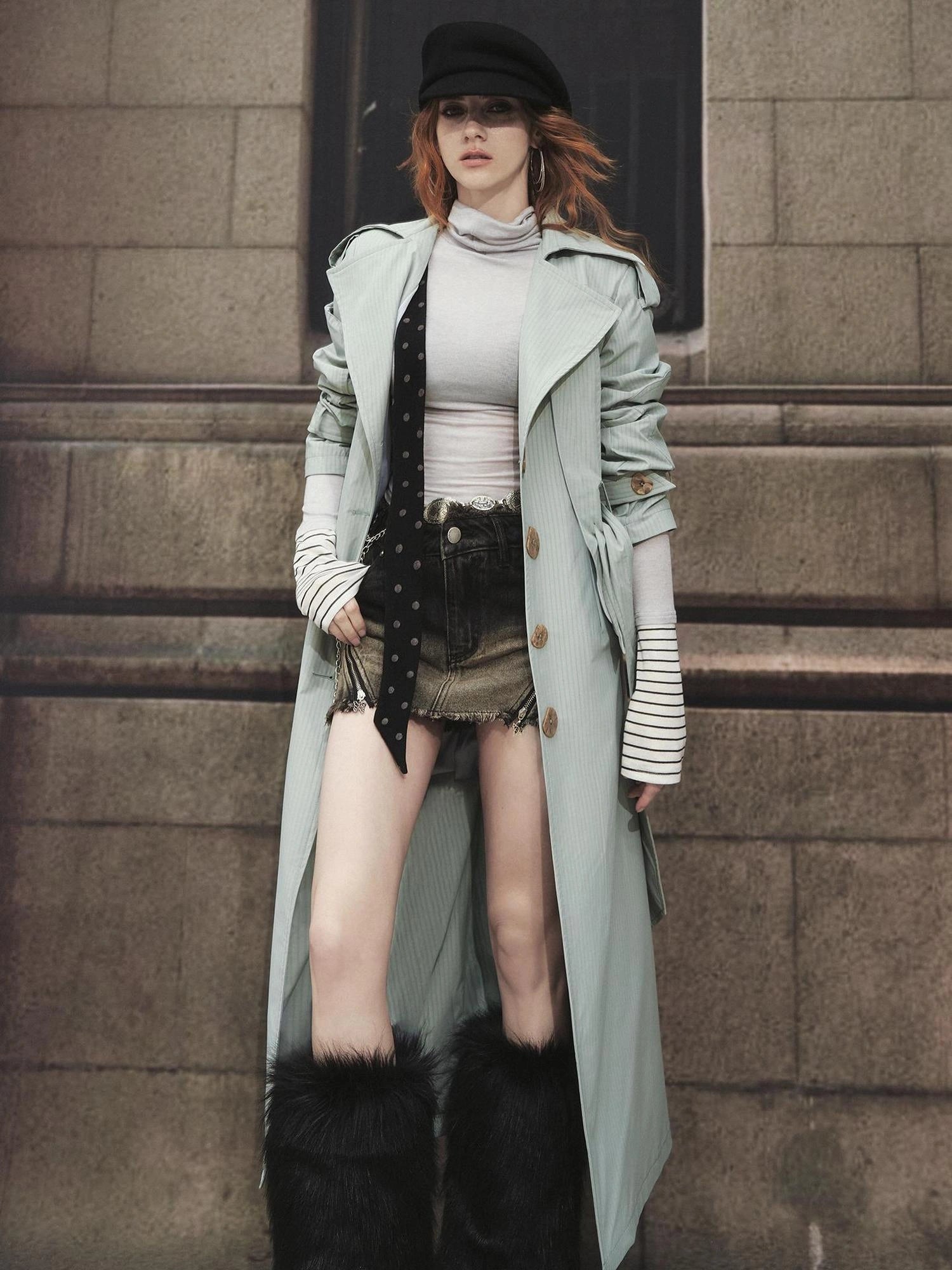 OfAkiva Akiva George Square Tri Color Long Trench Coat