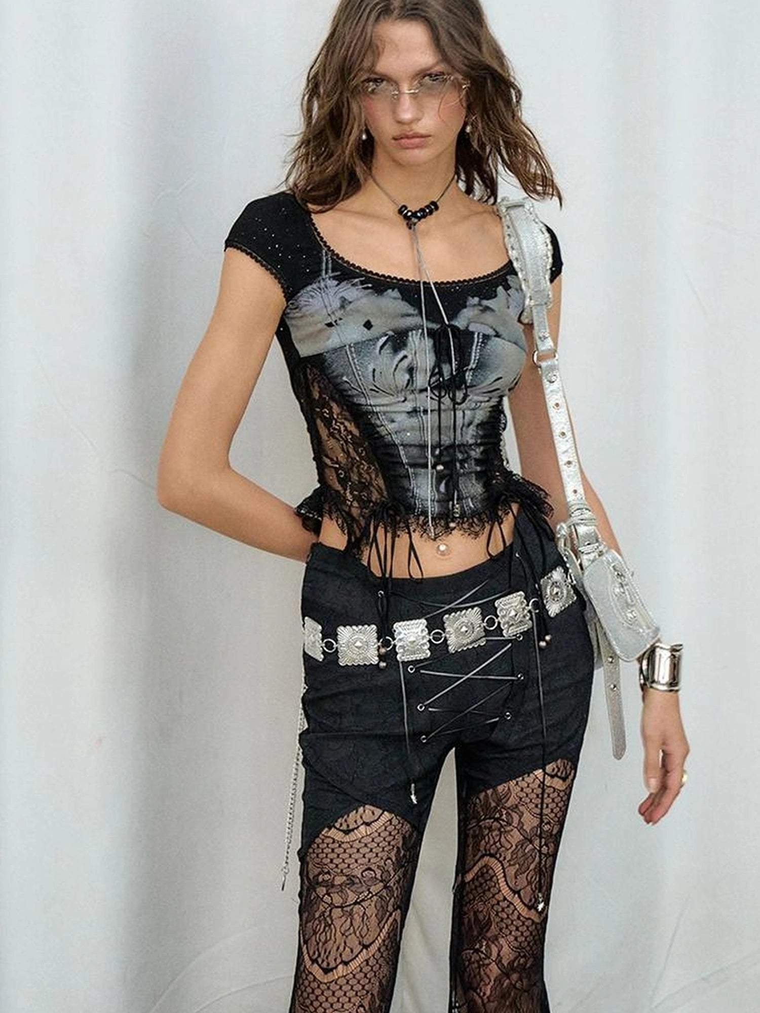 OfAkiva Akiva Lace Trimmed Iridescent Knit Top