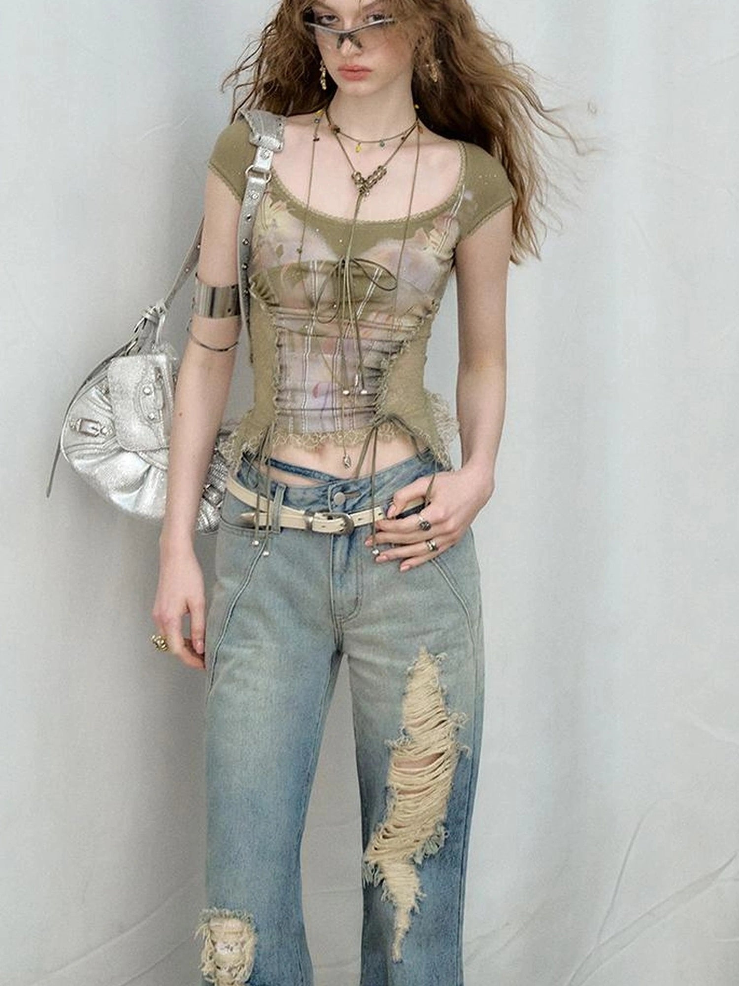 OfAkiva Akiva Lace Trimmed Iridescent Knit Top