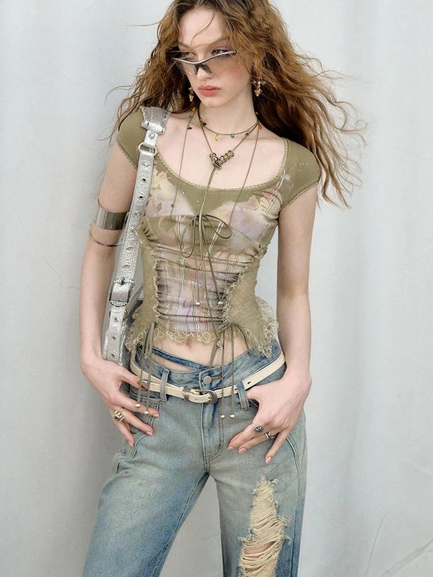 OfAkiva Akiva Lace Trimmed Iridescent Knit Top