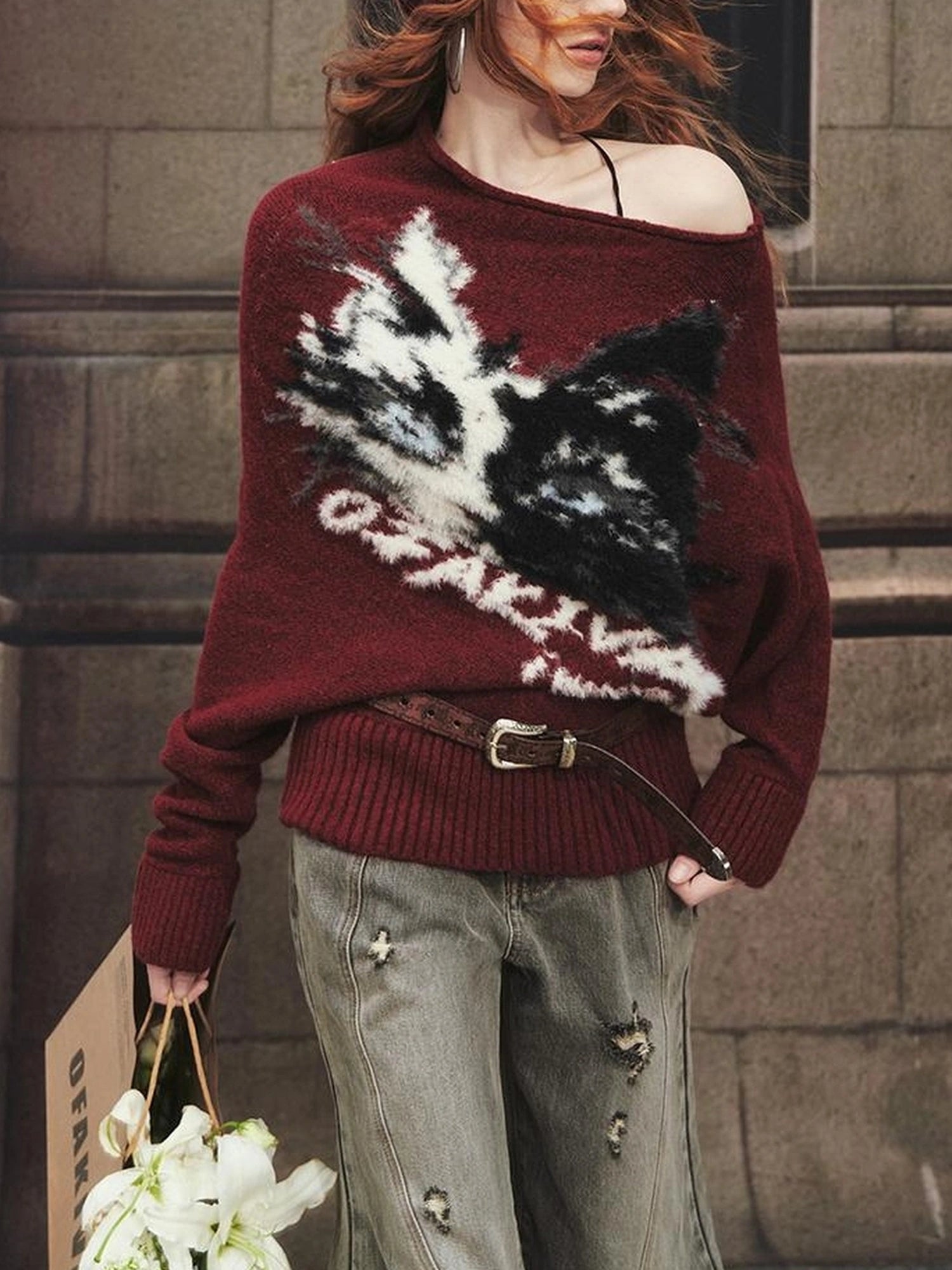 OfAkiva Akiva Lioncat Fluffy Sweater V-neck T-shirt Long Sleeve