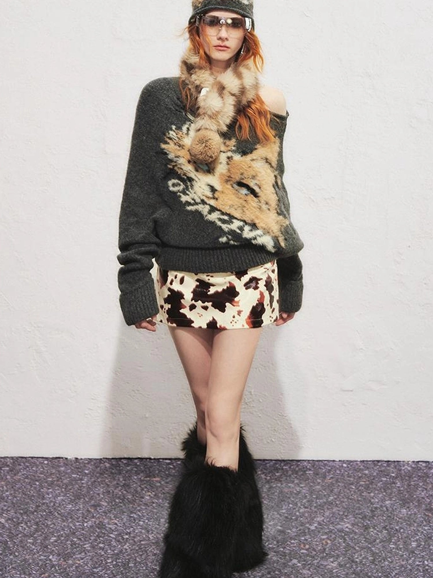 OfAkiva Akiva Lioncat Fluffy Sweater V-neck T-shirt Long Sleeve