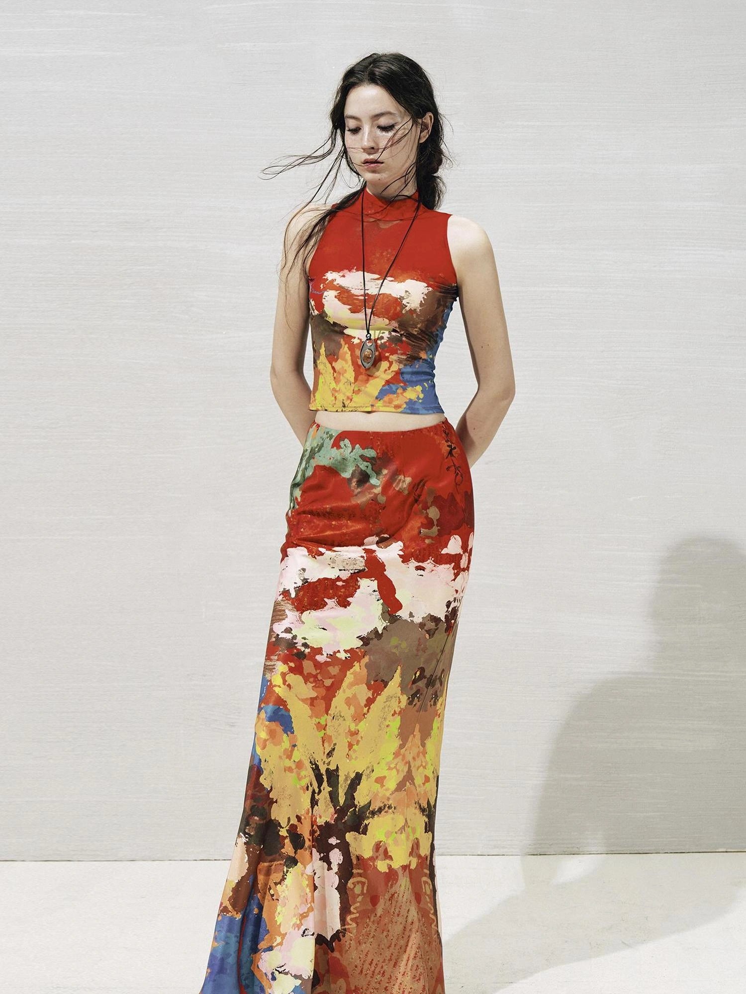 OfAkiva Akiva Nuwa Brushstroke Print Vest Bias Cut Skirt Set