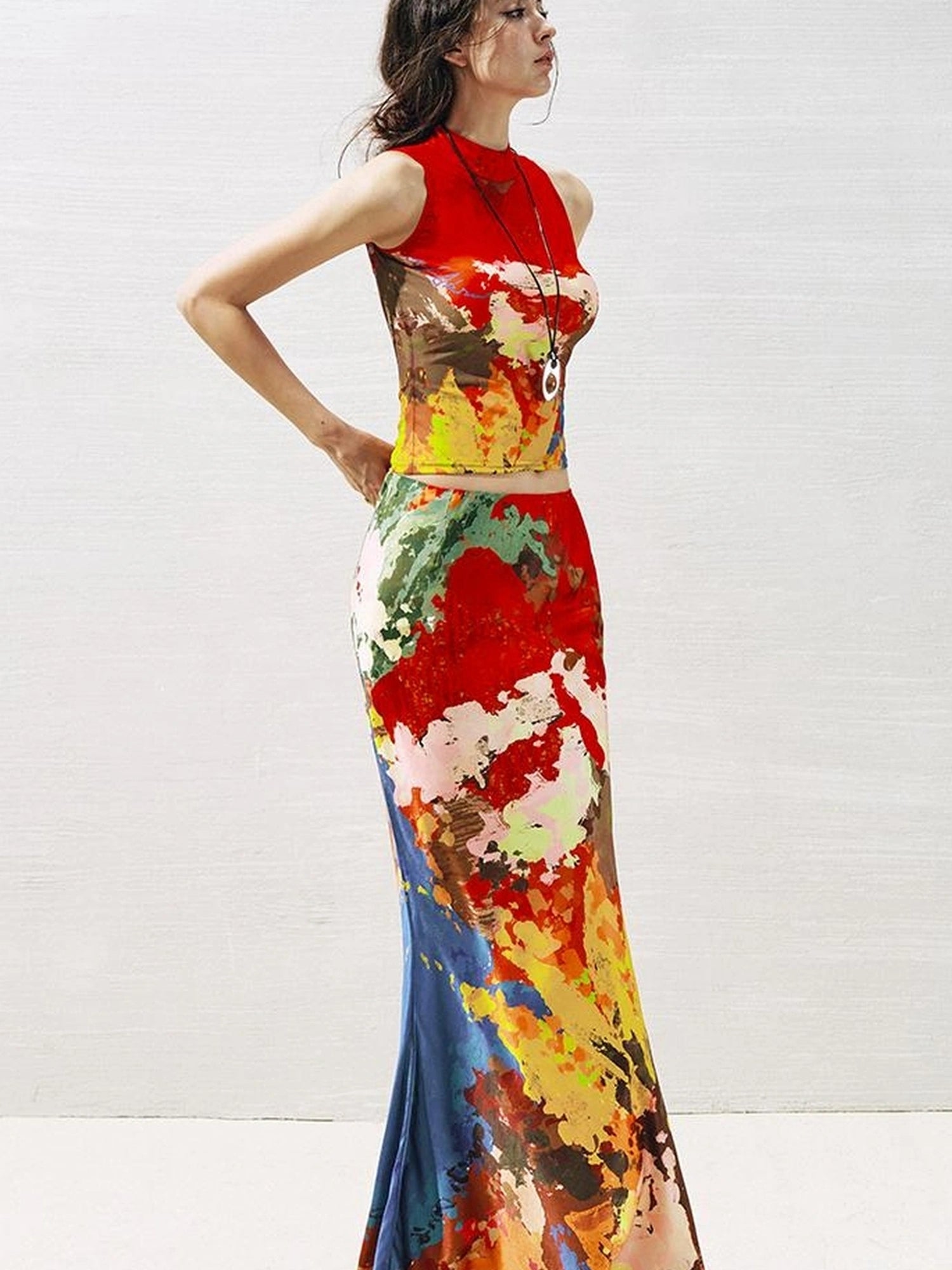 OfAkiva Akiva Nuwa Brushstroke Print Vest Bias Cut Skirt Set