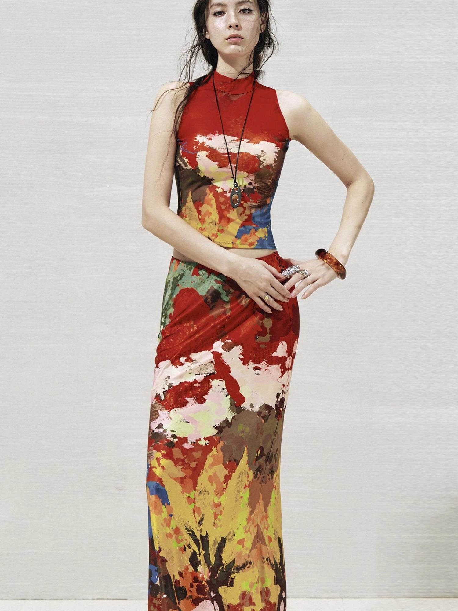 OfAkiva Akiva Nuwa Brushstroke Print Vest Bias Cut Skirt Set