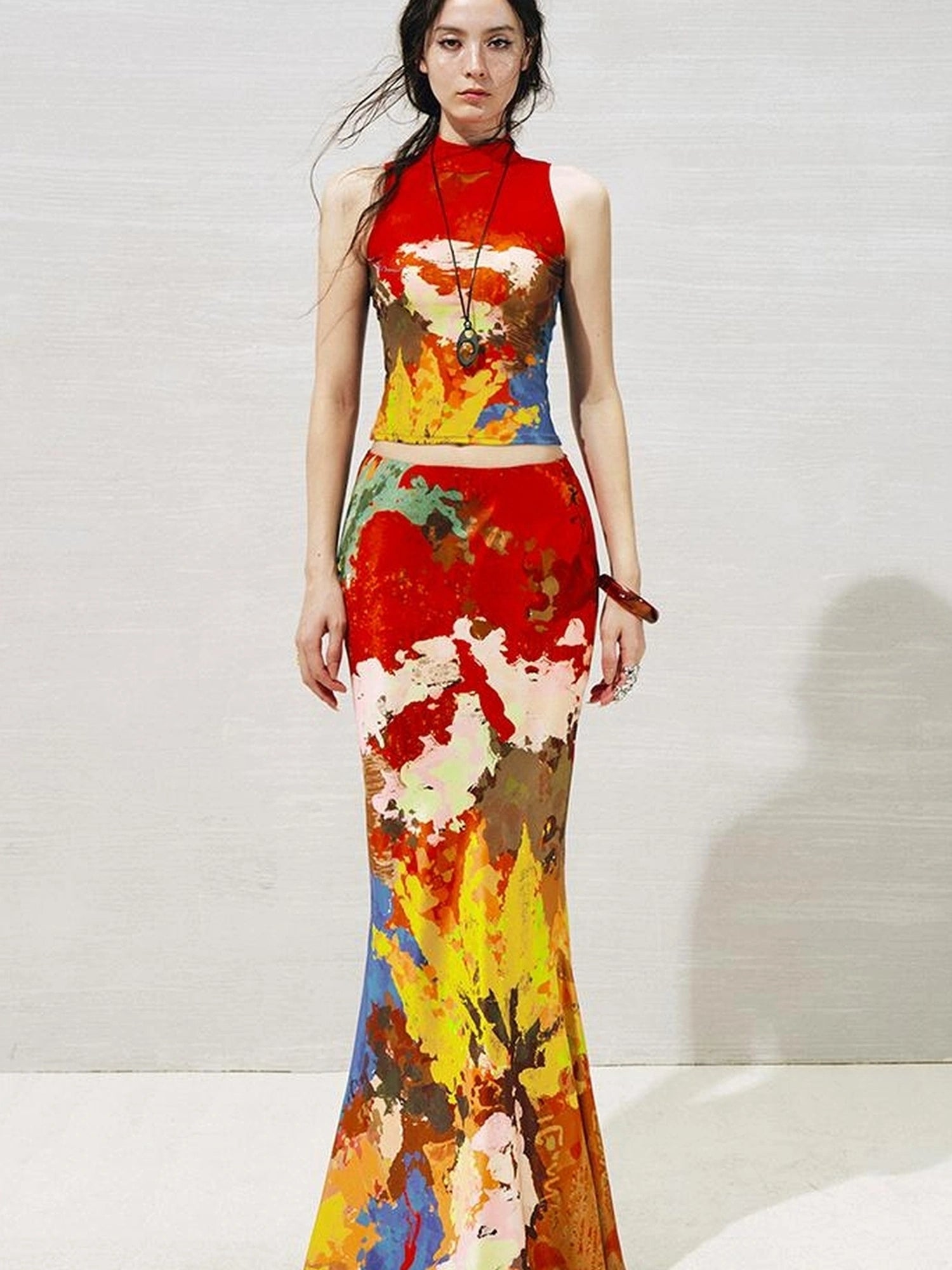 OfAkiva Akiva Nuwa Brushstroke Print Vest Bias Cut Skirt Set