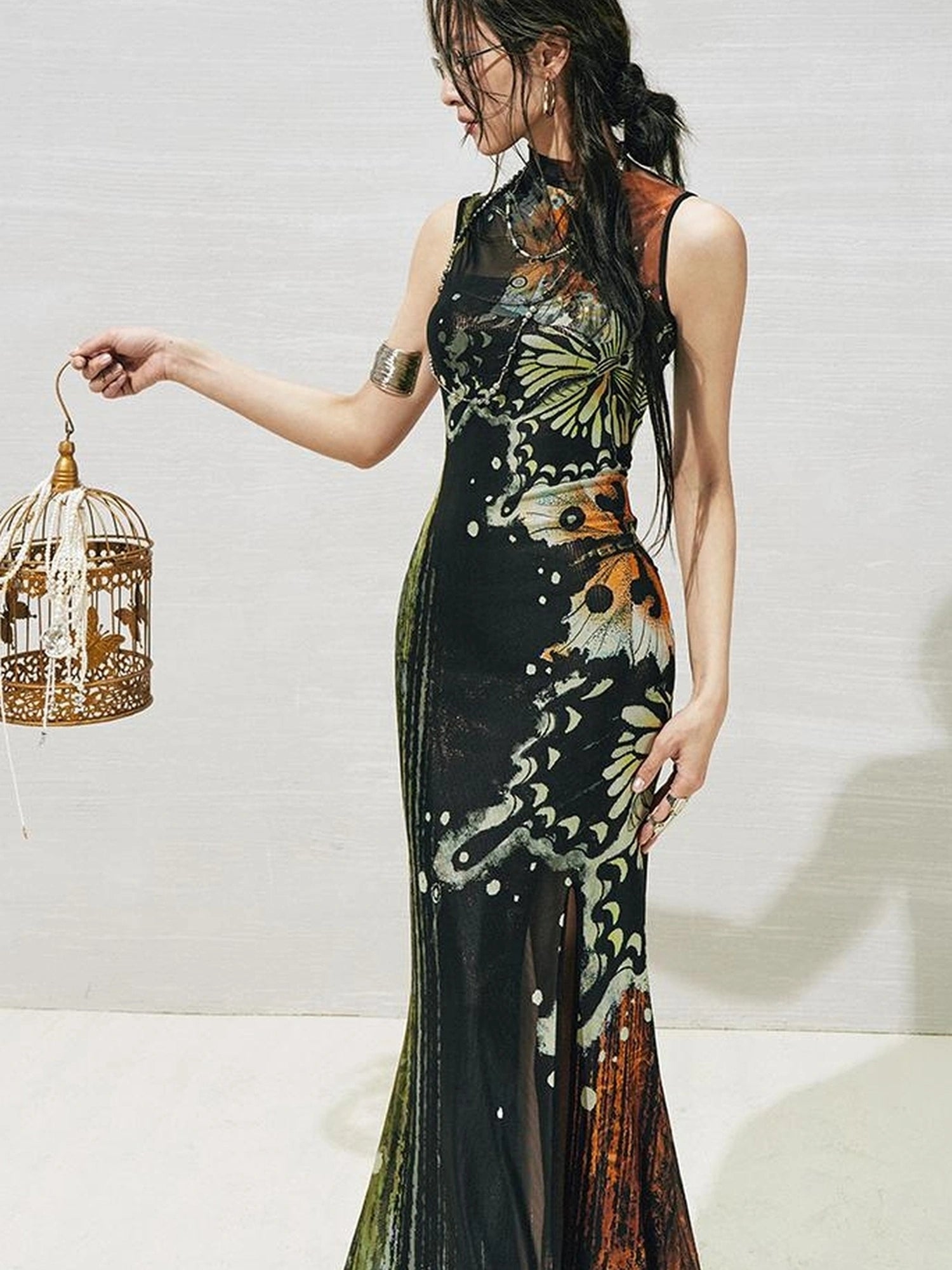 OfAkiva Akiva S Butterfly Print Two Piece Slit Dress Set