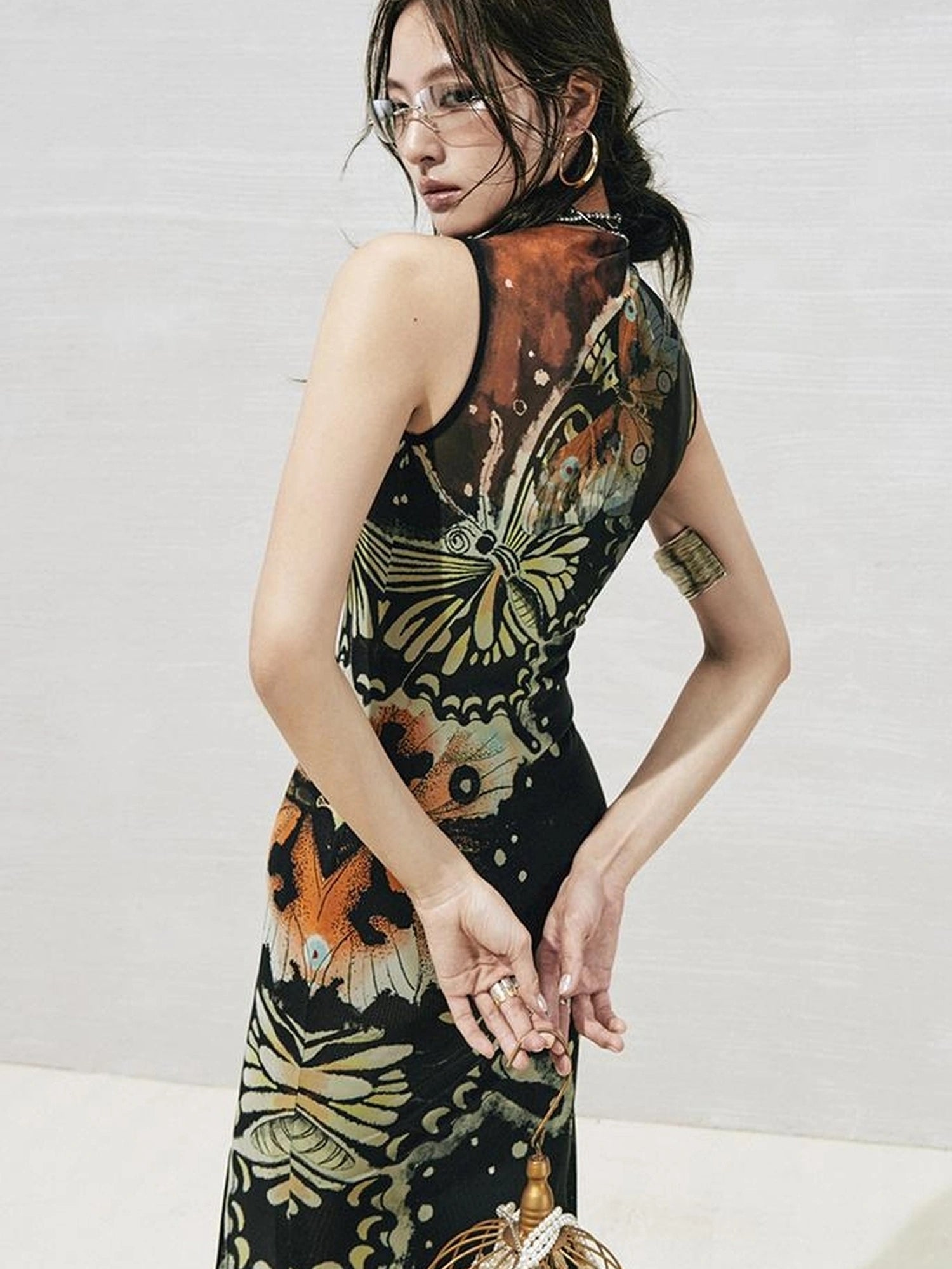 OfAkiva Akiva S Butterfly Print Two Piece Slit Dress Set