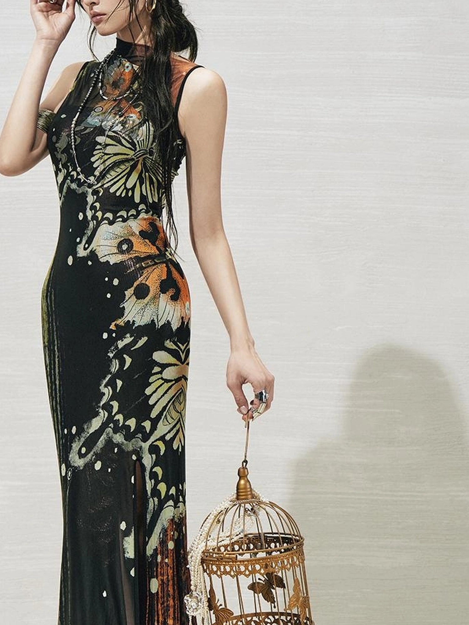 OfAkiva Akiva S Butterfly Print Two Piece Slit Dress Set