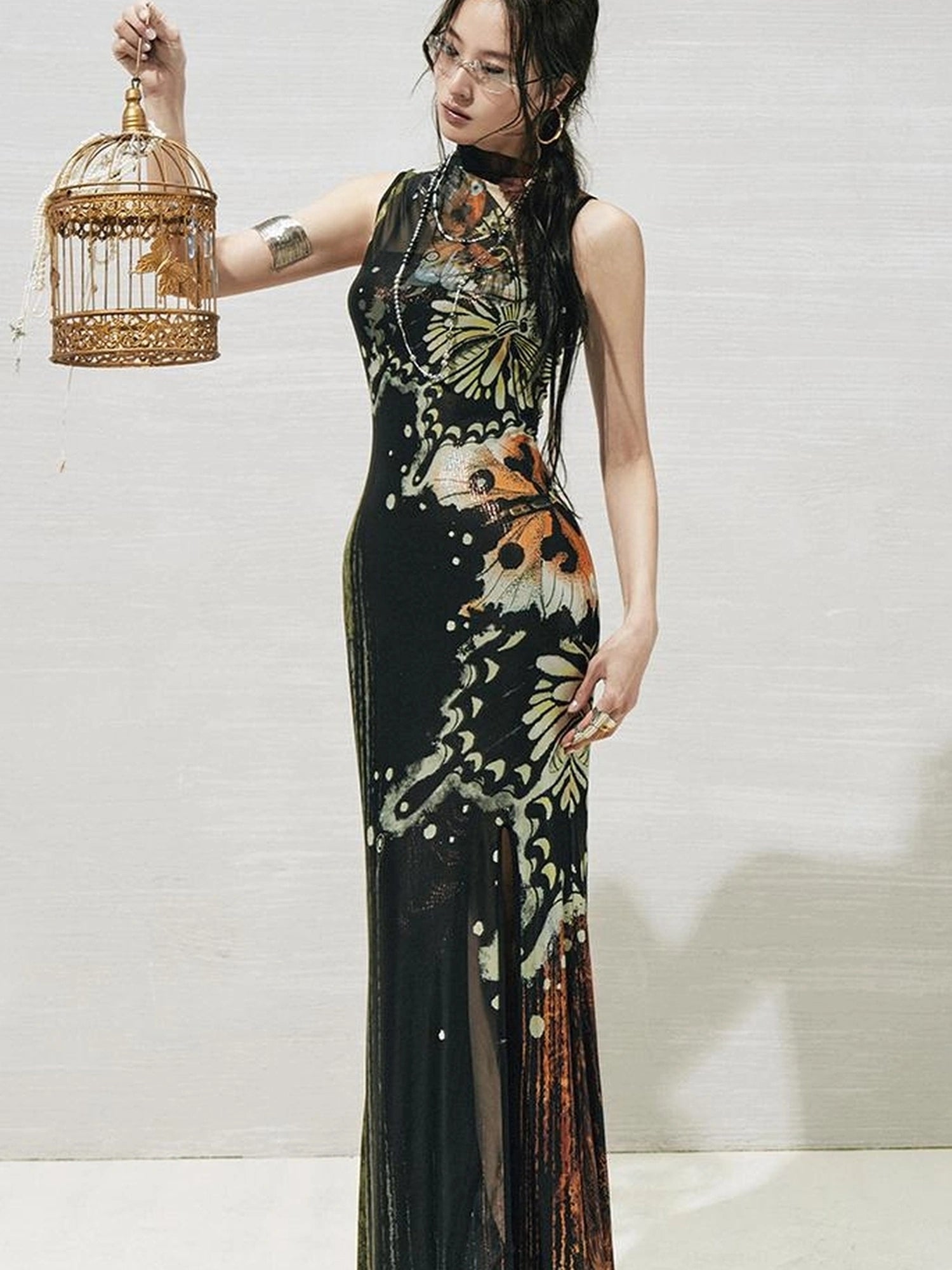 OfAkiva Akiva S Butterfly Print Two Piece Slit Dress Set