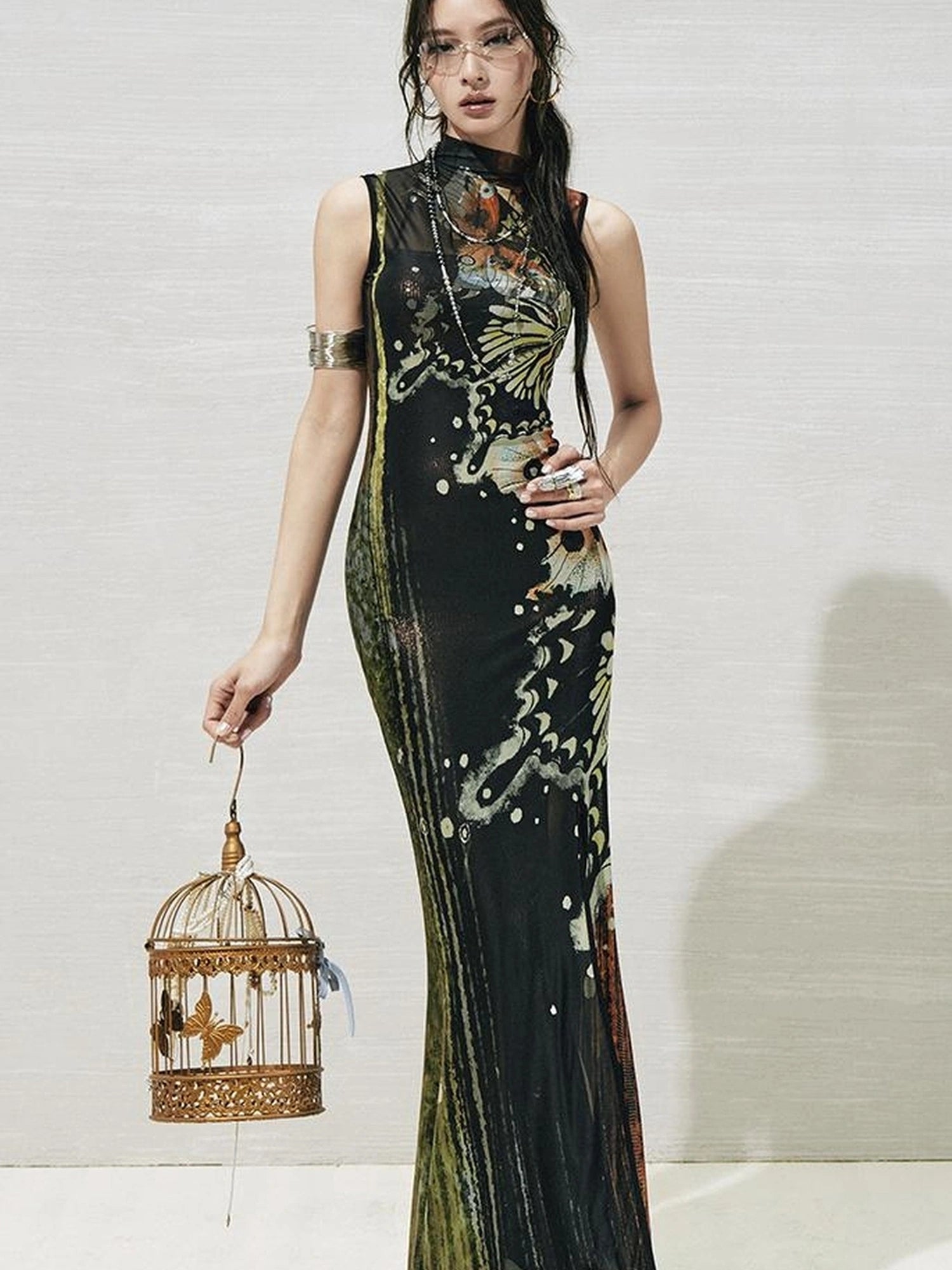 OfAkiva Akiva S Butterfly Print Two Piece Slit Dress Set