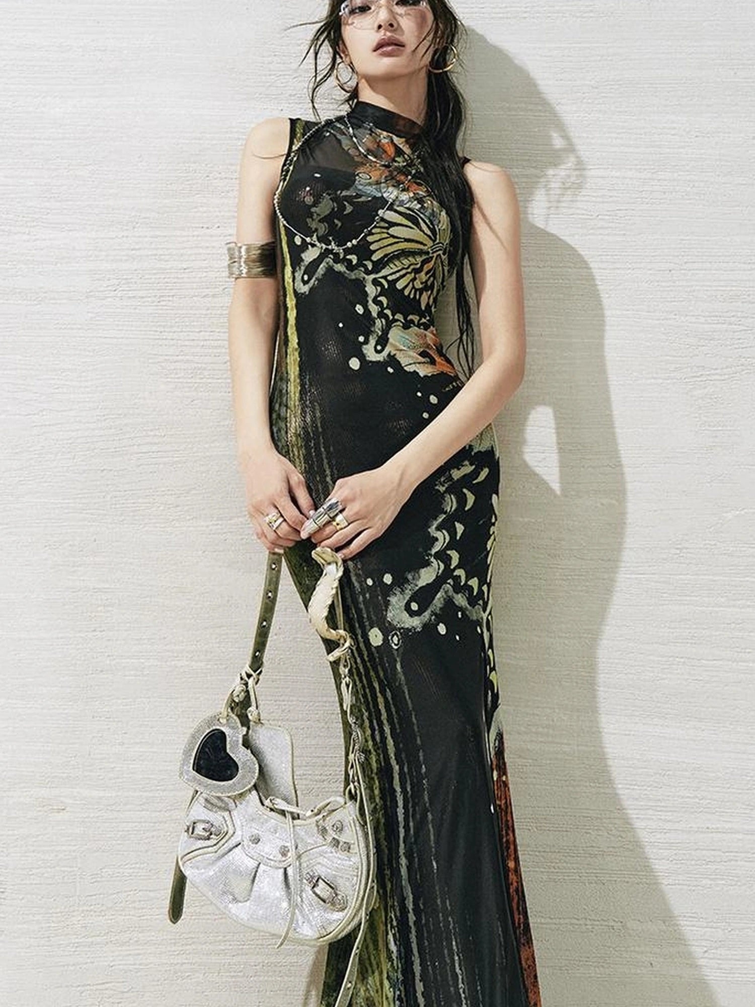 OfAkiva Akiva S Butterfly Print Two Piece Slit Dress Set