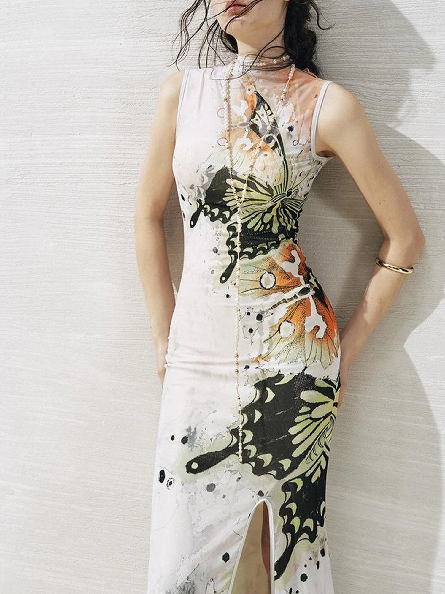 OfAkiva Akiva S Butterfly Print Two Piece Slit Dress Set