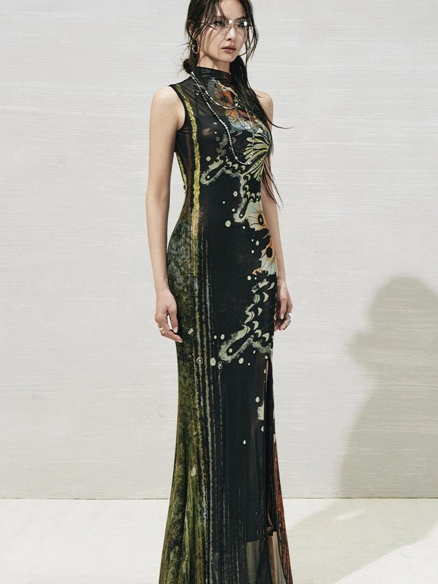 OfAkiva Akiva S Butterfly Print Two Piece Slit Dress Set