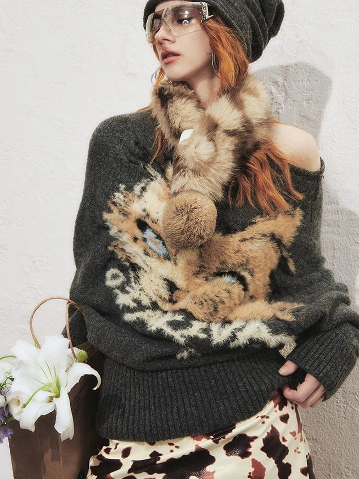 OfAkiva Akiva Tortoiseshell Print Knit Slouch Beanie