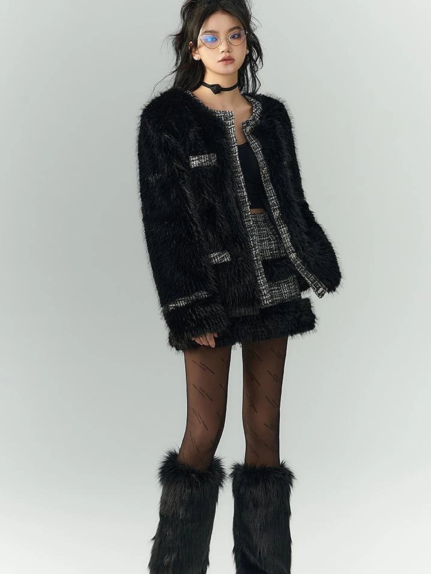 OfAkiva Akiva Tweed And Fur Coat Set Vintage Chic