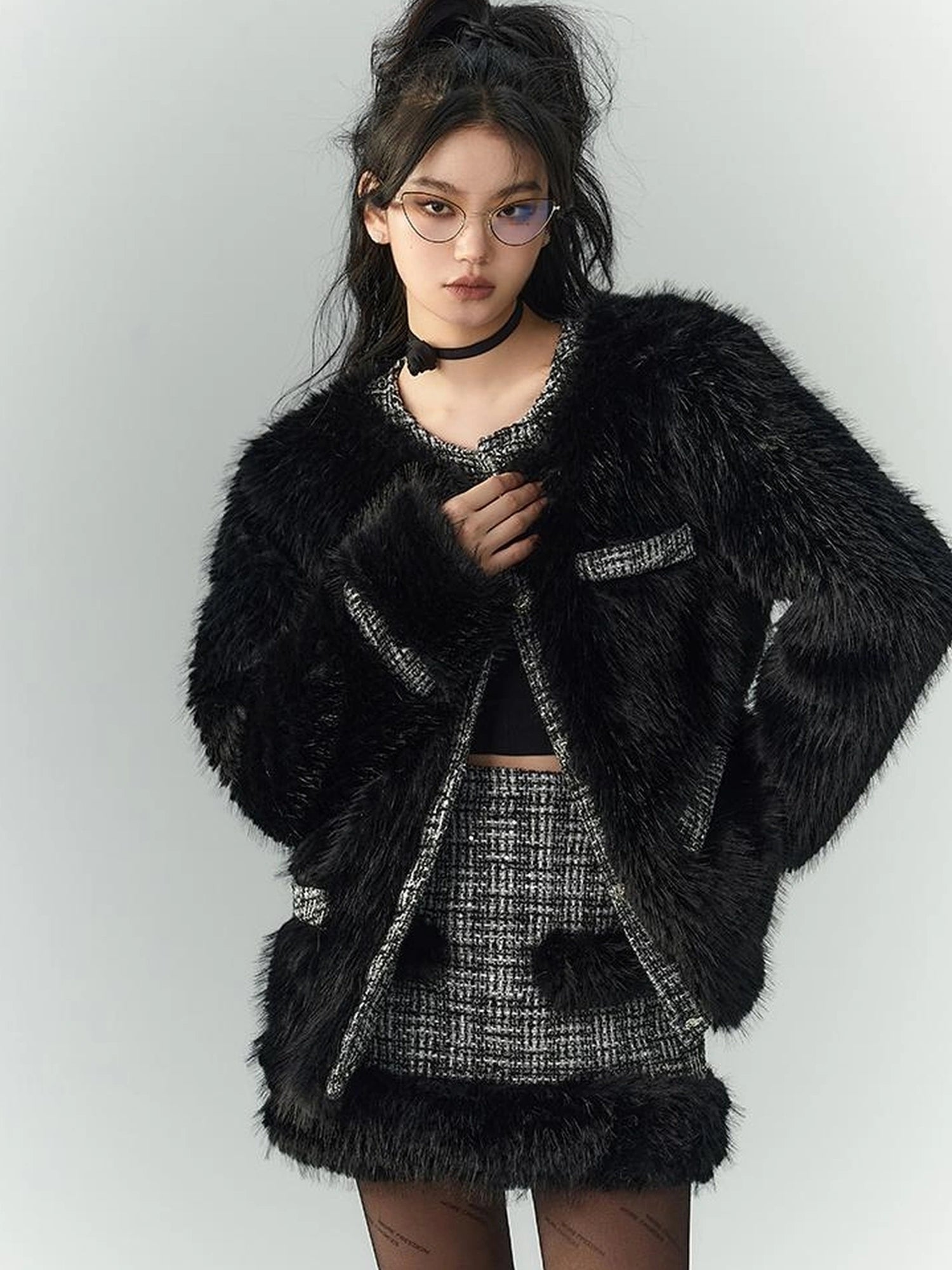 OfAkiva Akiva Tweed And Fur Coat Set Vintage Chic