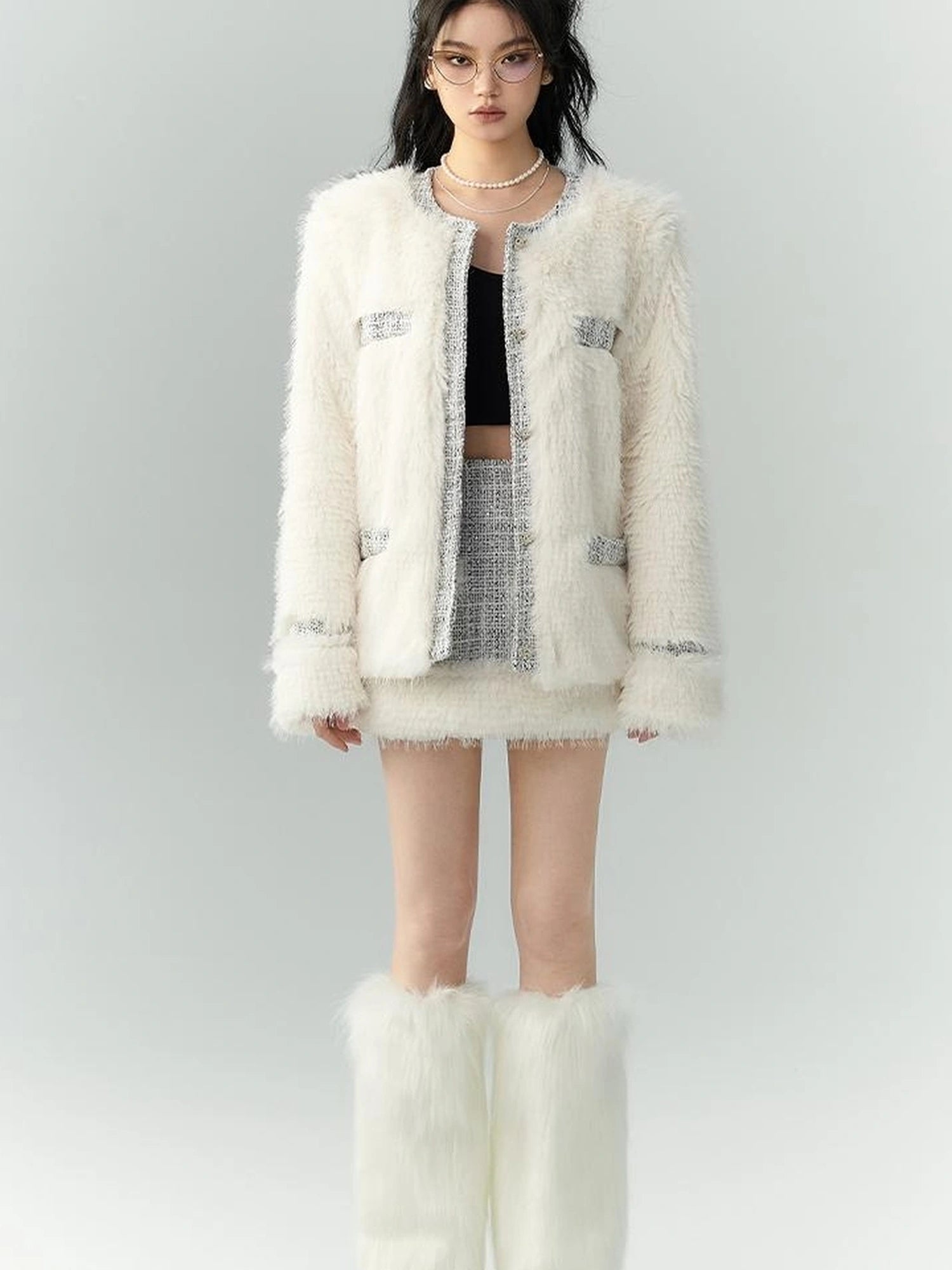 OfAkiva Akiva Tweed And Fur Coat Set Vintage Chic