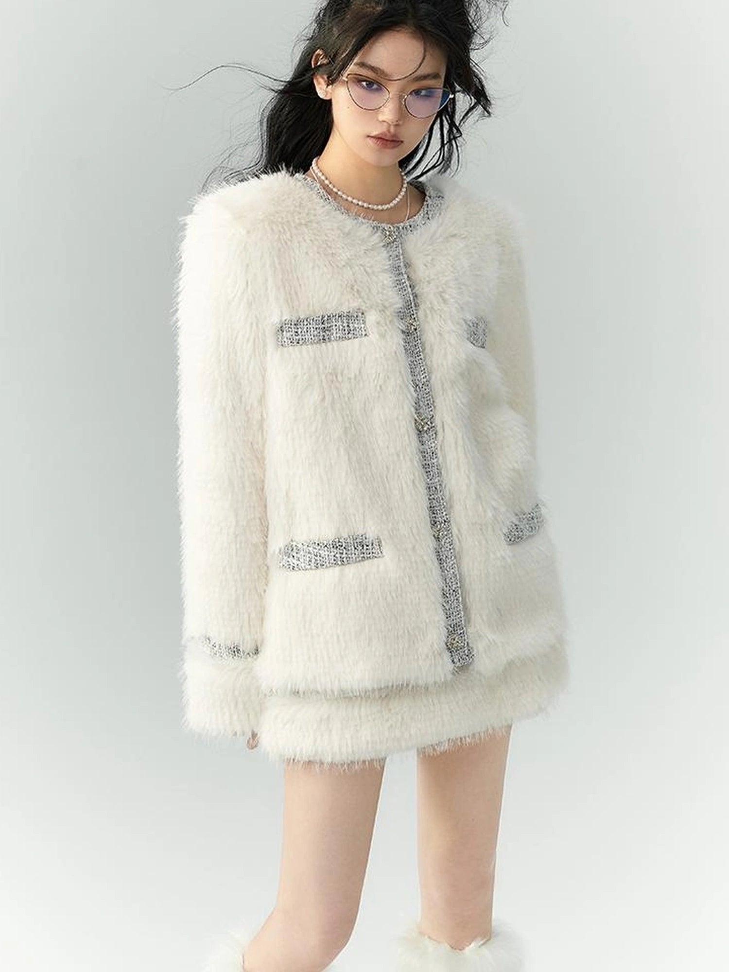 OfAkiva Akiva Tweed And Fur Coat Set Vintage Chic