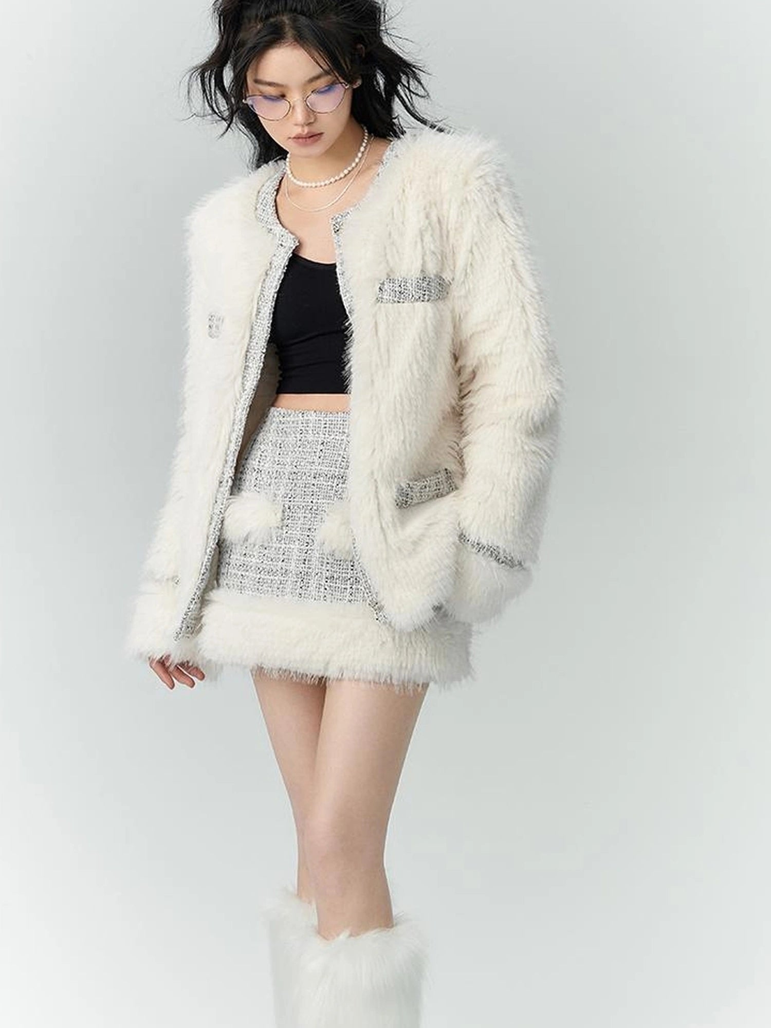 OfAkiva Akiva Tweed And Fur Coat Set Vintage Chic