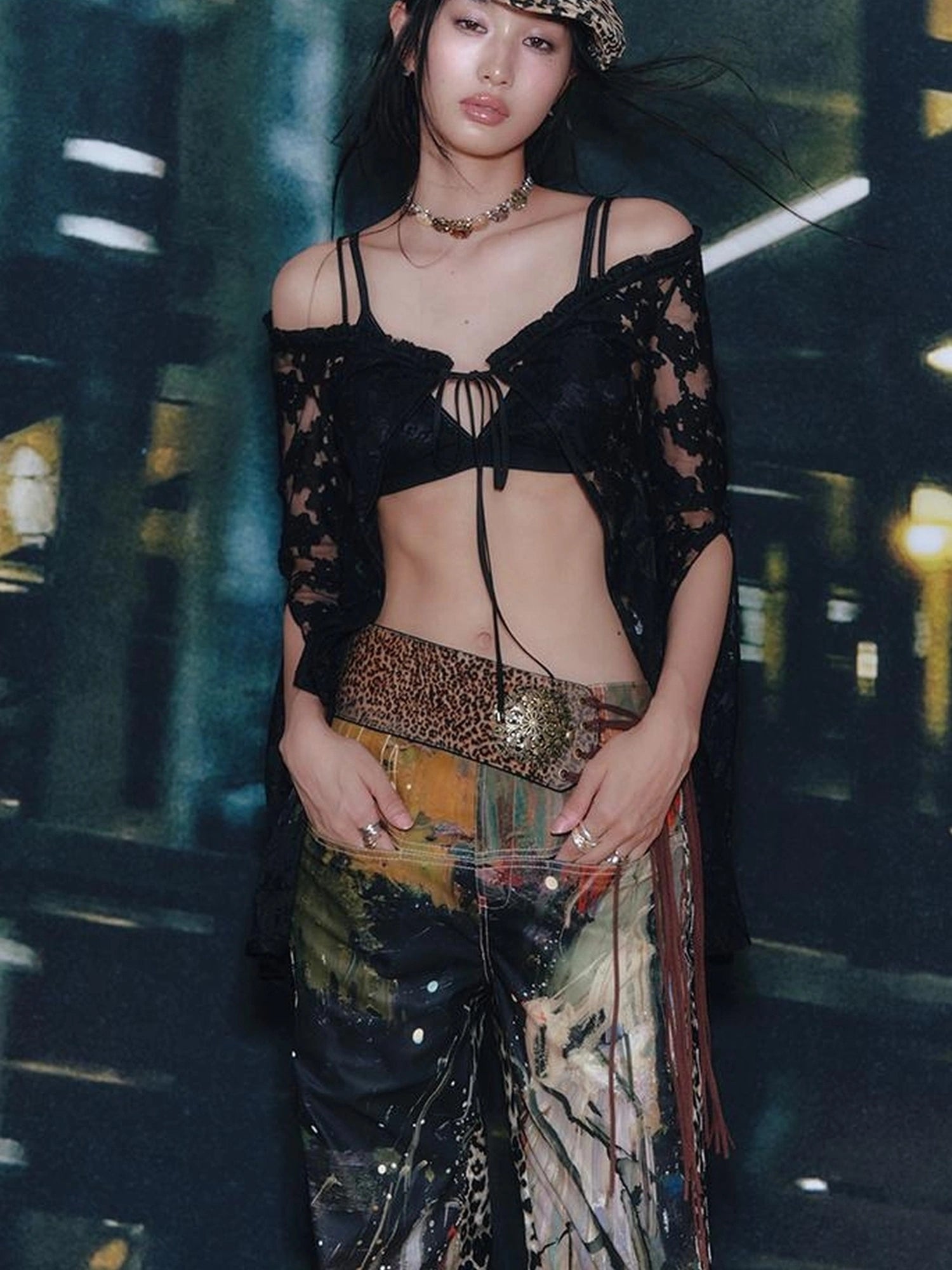 OfAkiva Aladdin Waterfall Oil Painting Landscape Print Pants