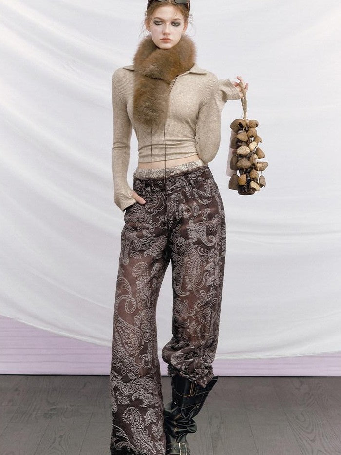 OfAkiva Baroque Paisley Double Waistband Frayed Hem Washed Women&