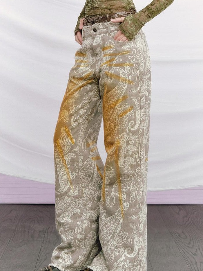 OfAkiva Baroque Paisley Double Waistband Frayed Hem Washed Women&