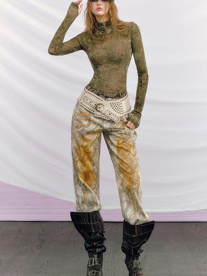 OfAkiva Baroque Paisley Double Waistband Frayed Hem Washed Women&