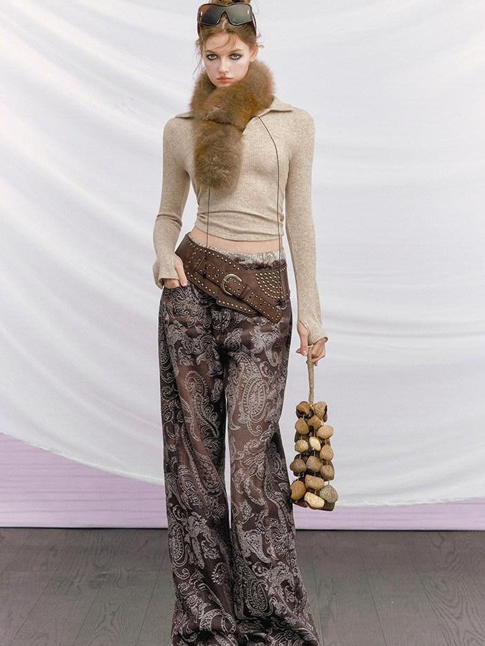 OfAkiva Baroque Paisley Double Waistband Frayed Hem Washed Women&