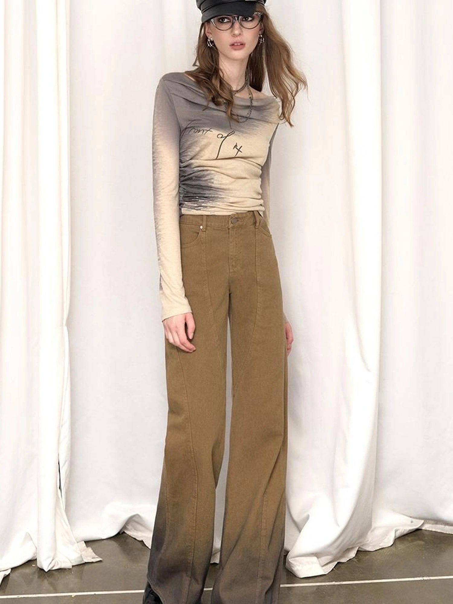 OfAkiva Black Brown Washed Gradient Proportional Straight Leg Pants