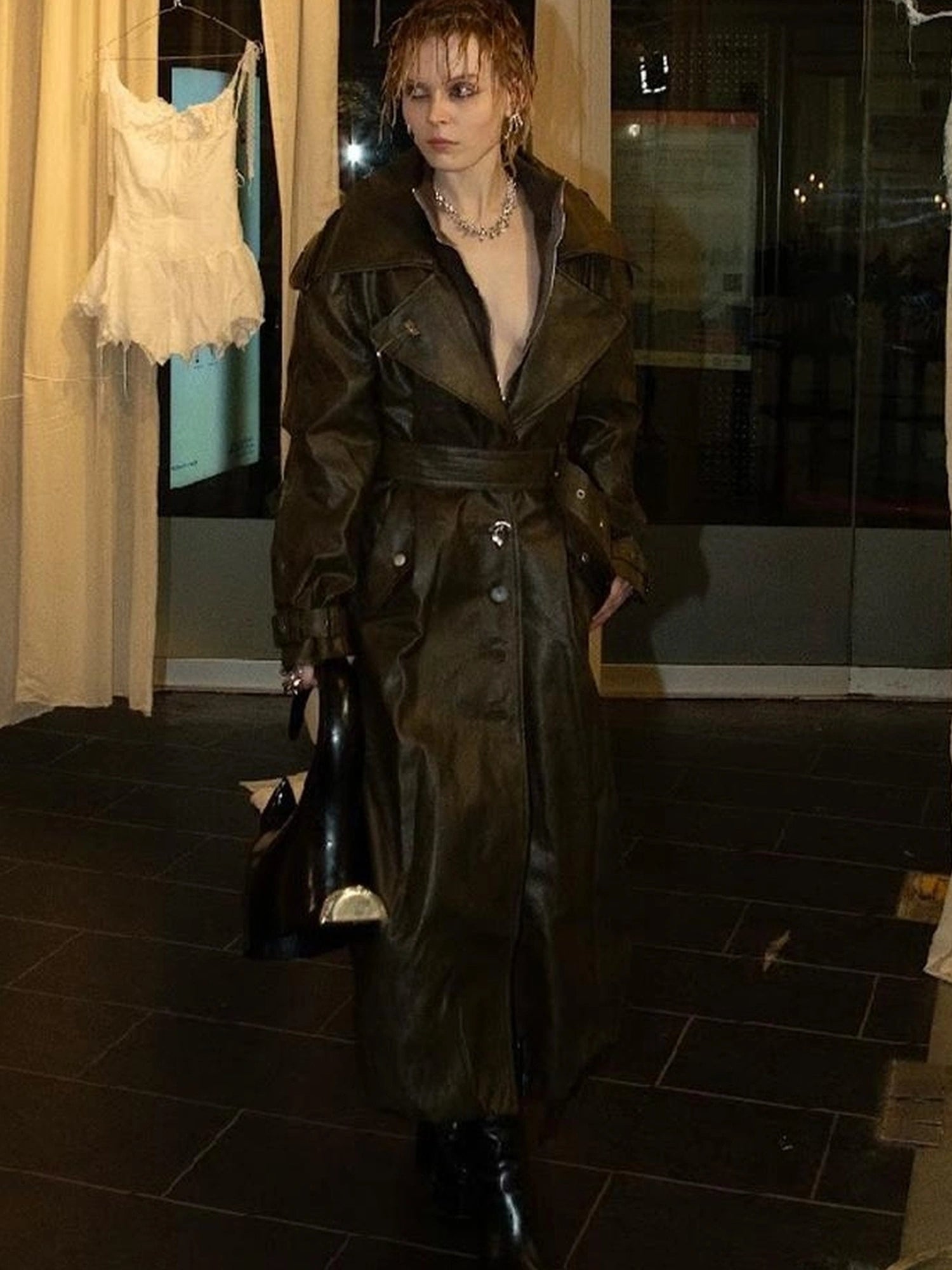 OfAkiva Black Cloud Hem Quilted Leather Coat