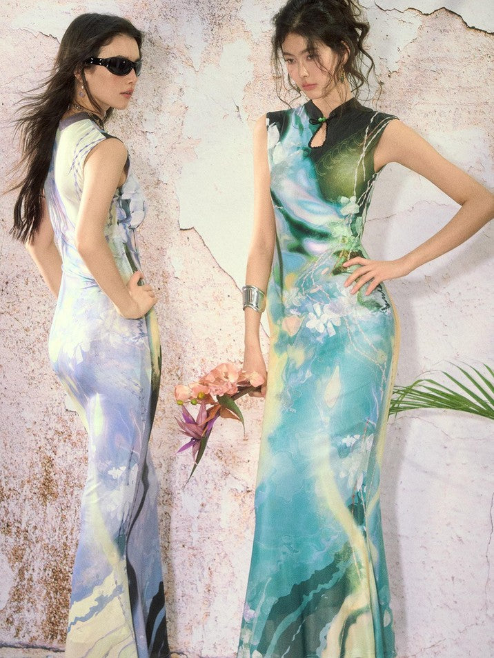 OfAkiva Black Rose Impressionist Print High Waist Fishtail Women&