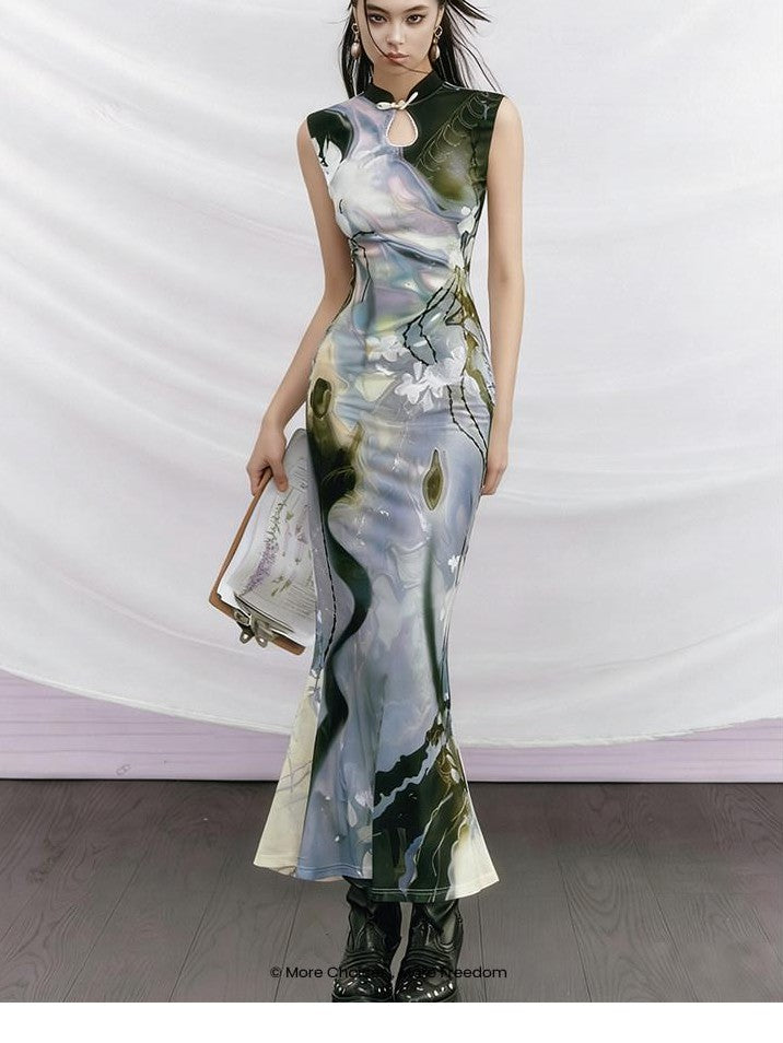 OfAkiva Black Rose Impressionist Print High Waist Fishtail Women&