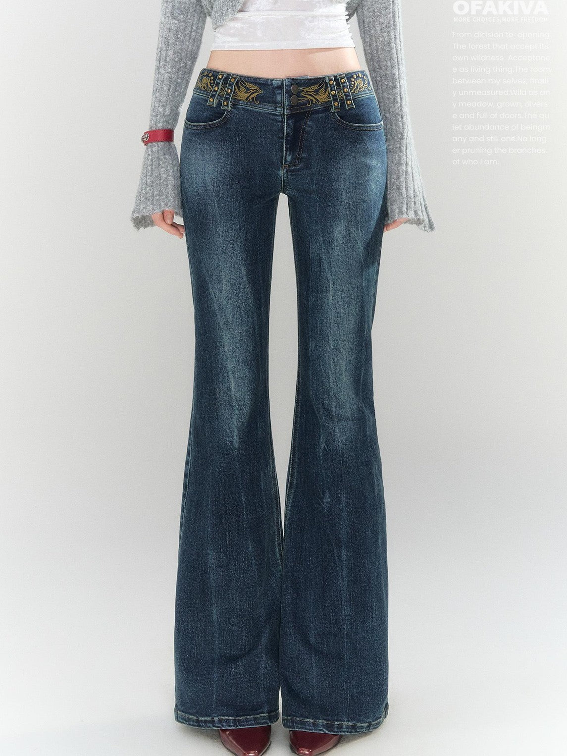 OfAkiva Blue Gold Embroidered Low Rise Cotton Women&