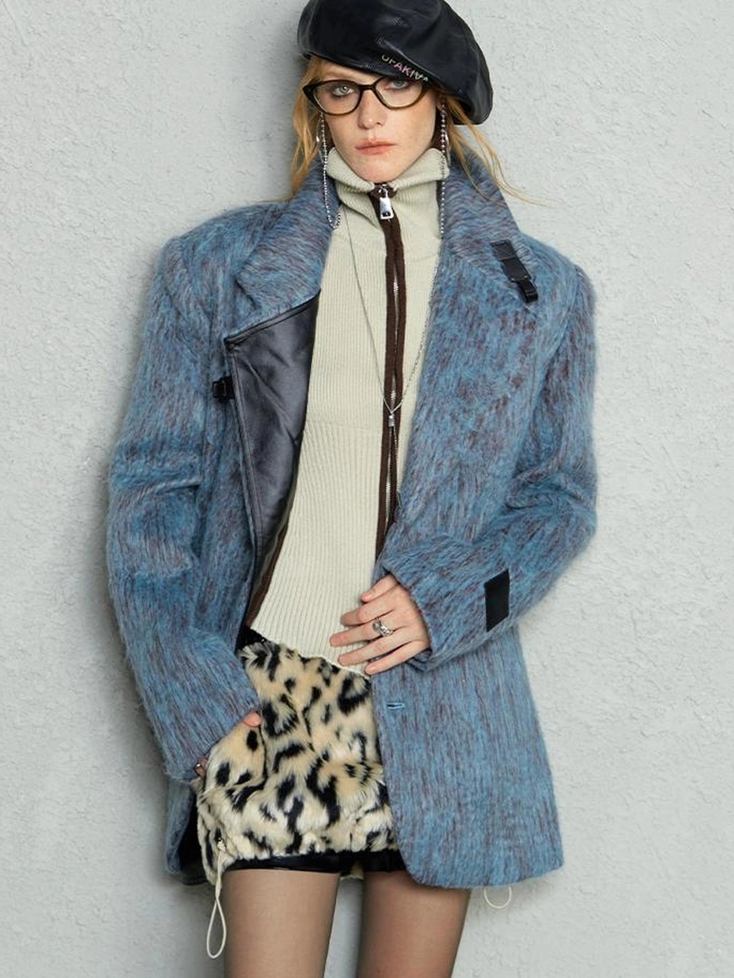 OfAkiva Blue Grey Wool Blend Suit Set With Skirt