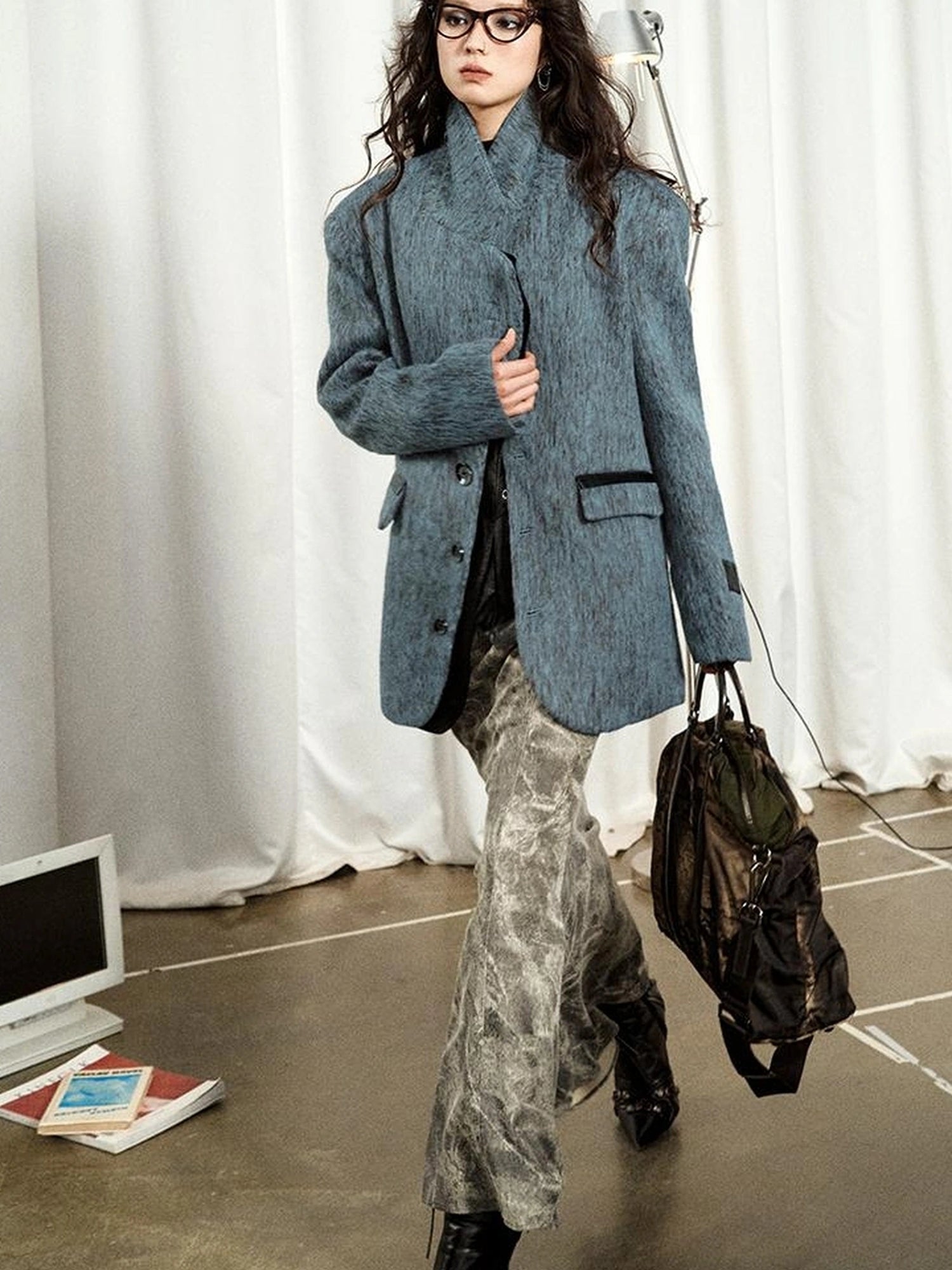 OfAkiva Blue Grey Wool Blend Suit Set With Skirt