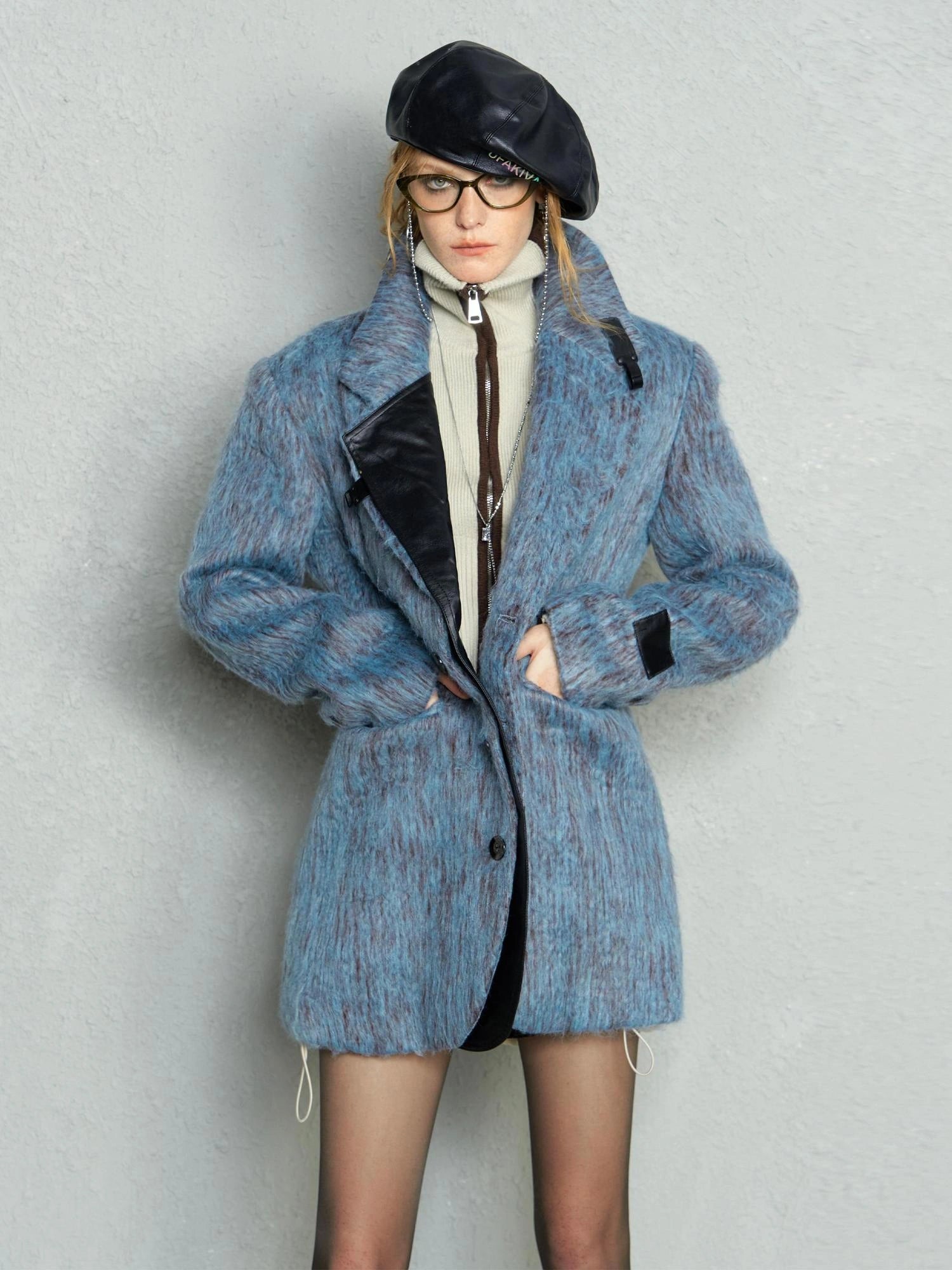 OfAkiva Blue Grey Wool Blend Suit Set With Skirt