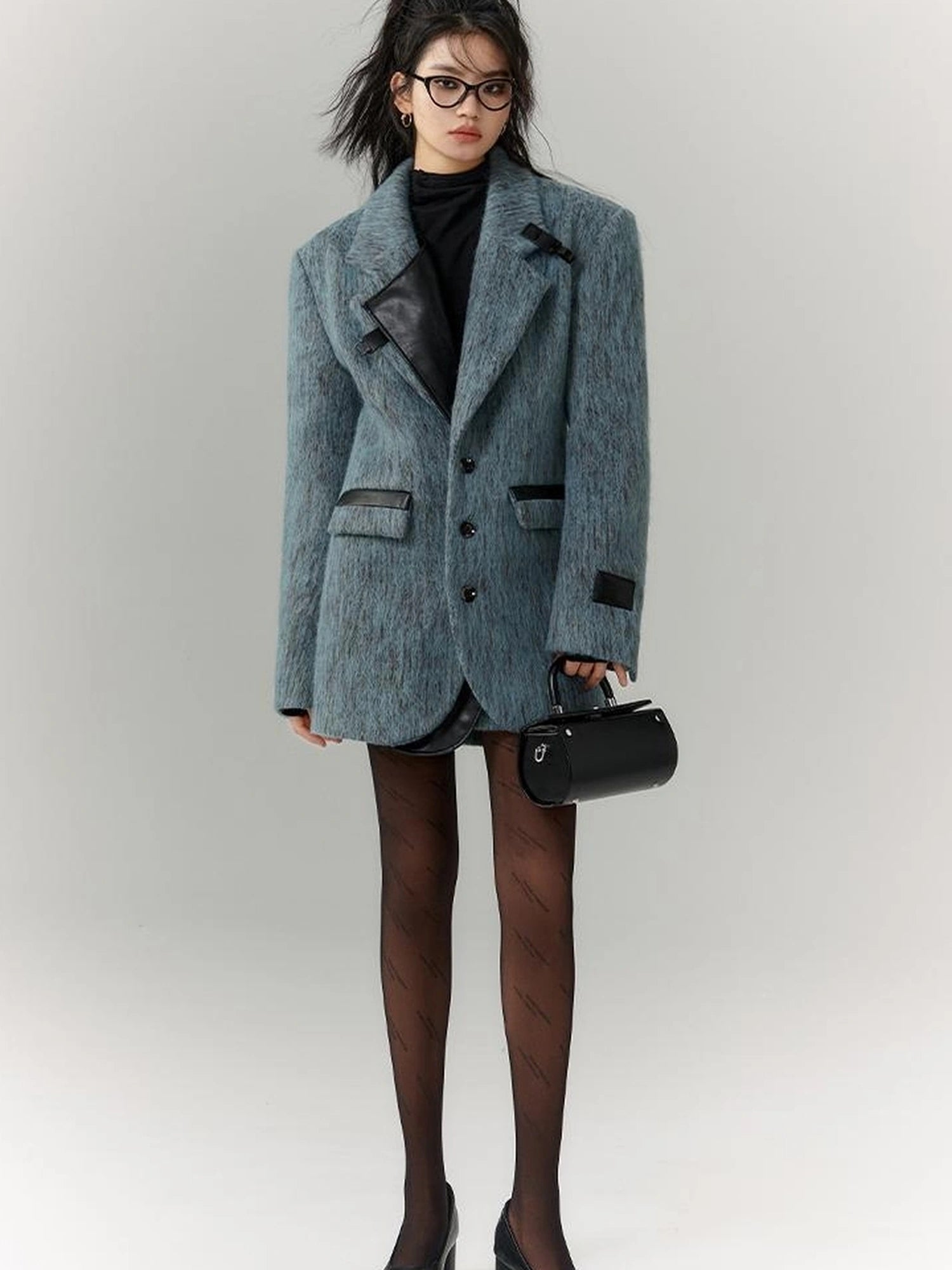 OfAkiva Blue Grey Wool Blend Suit Set With Skirt