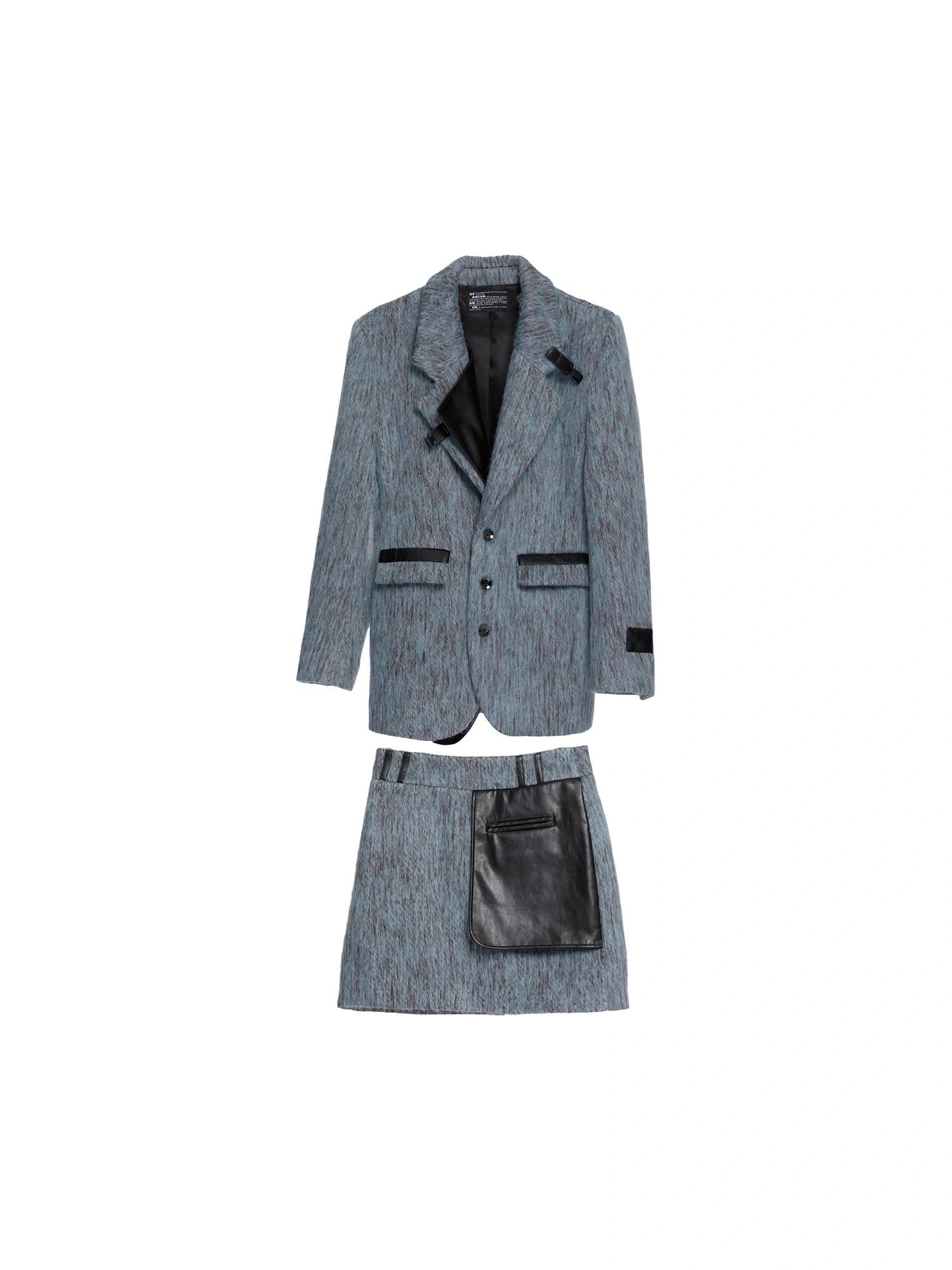 OfAkiva Blue Grey Wool Blend Suit Set With Skirt