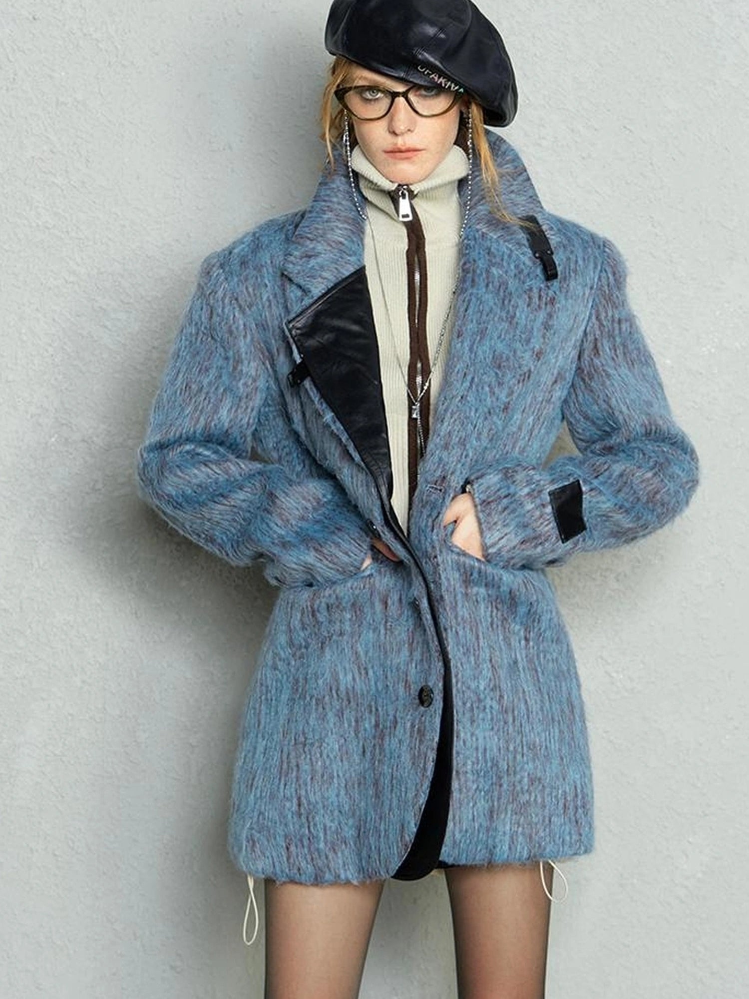 OfAkiva Blue Grey Wool Blend Suit Set With Skirt