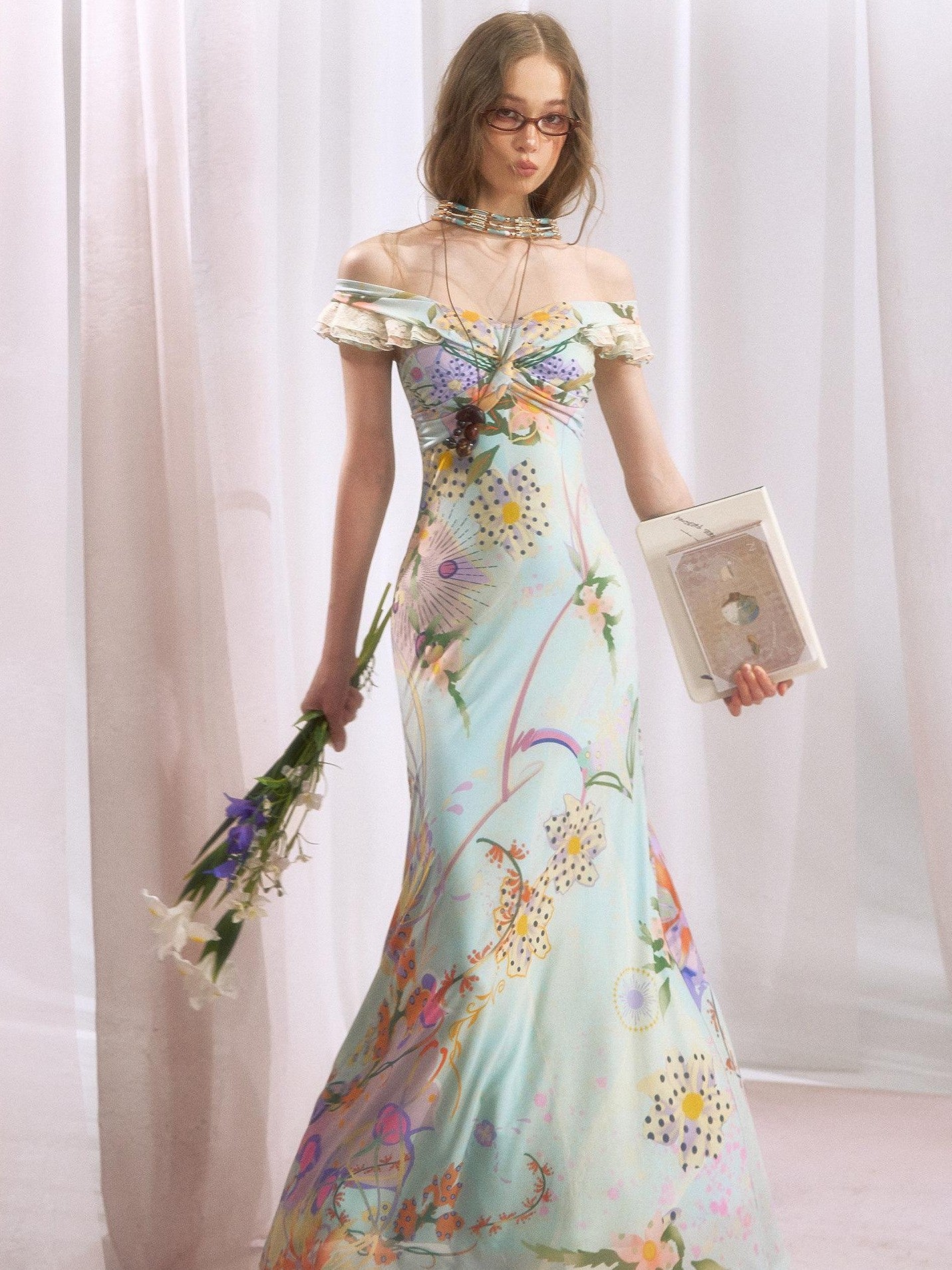 OfAkiva Botanical Floral Off Shoulder French Vintage Women&