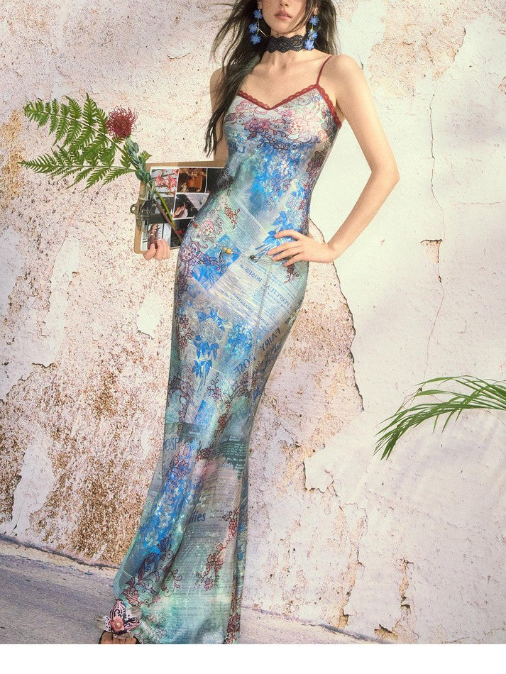 OfAkiva Botanical Print Spaghetti Strap Bias Cut Women&