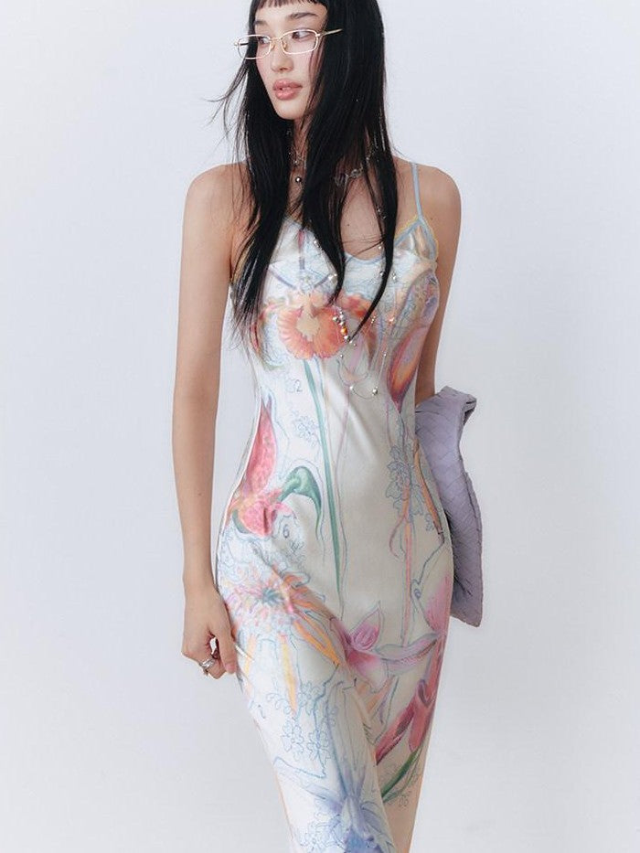 OfAkiva Botanical Print Spaghetti Strap Bias Cut Women&