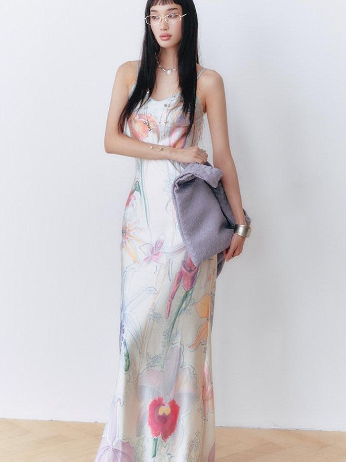 OfAkiva Botanical Print Spaghetti Strap Bias Cut Women&